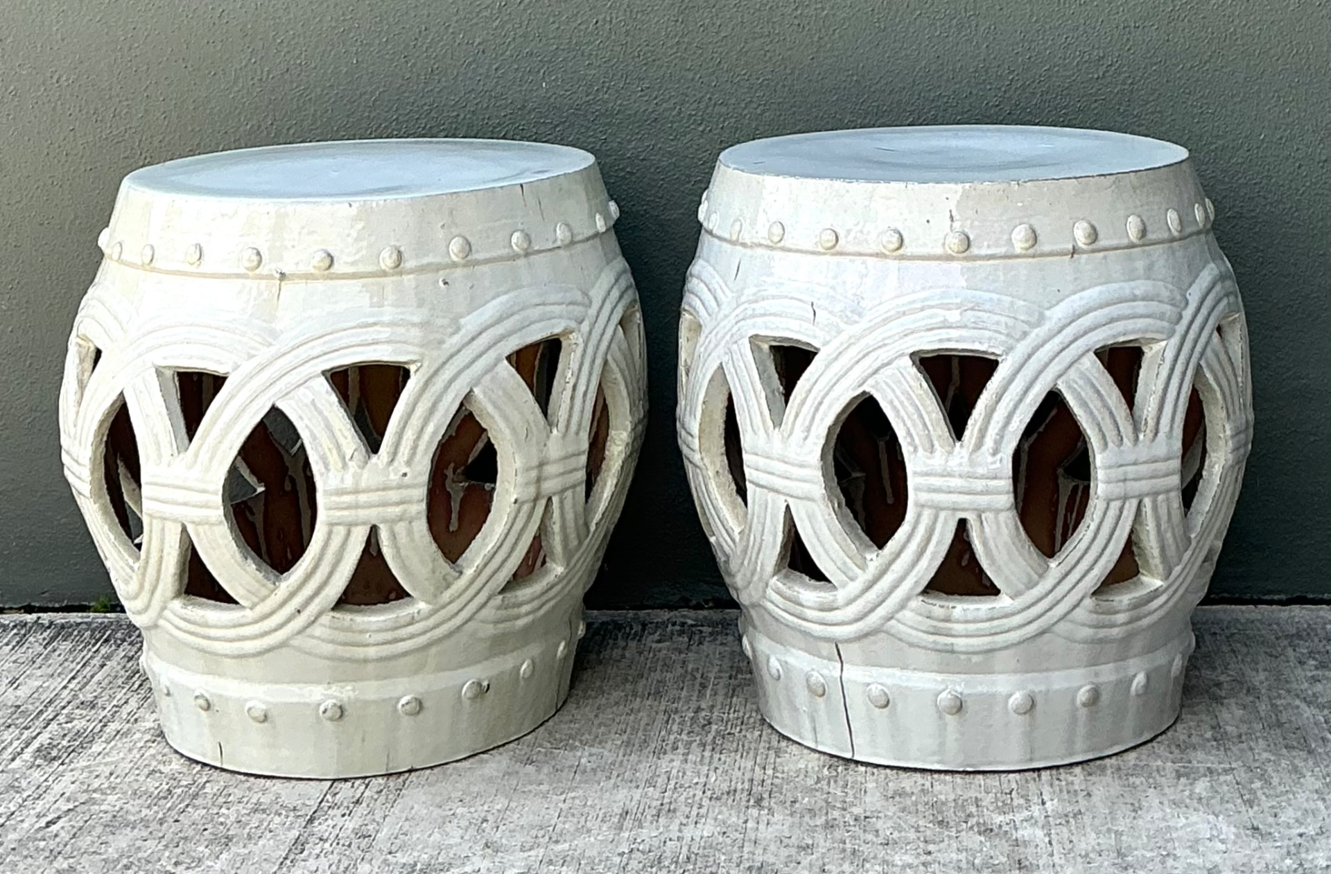 Vintage Ceramic Lattice Low Stools - Pair - Top view