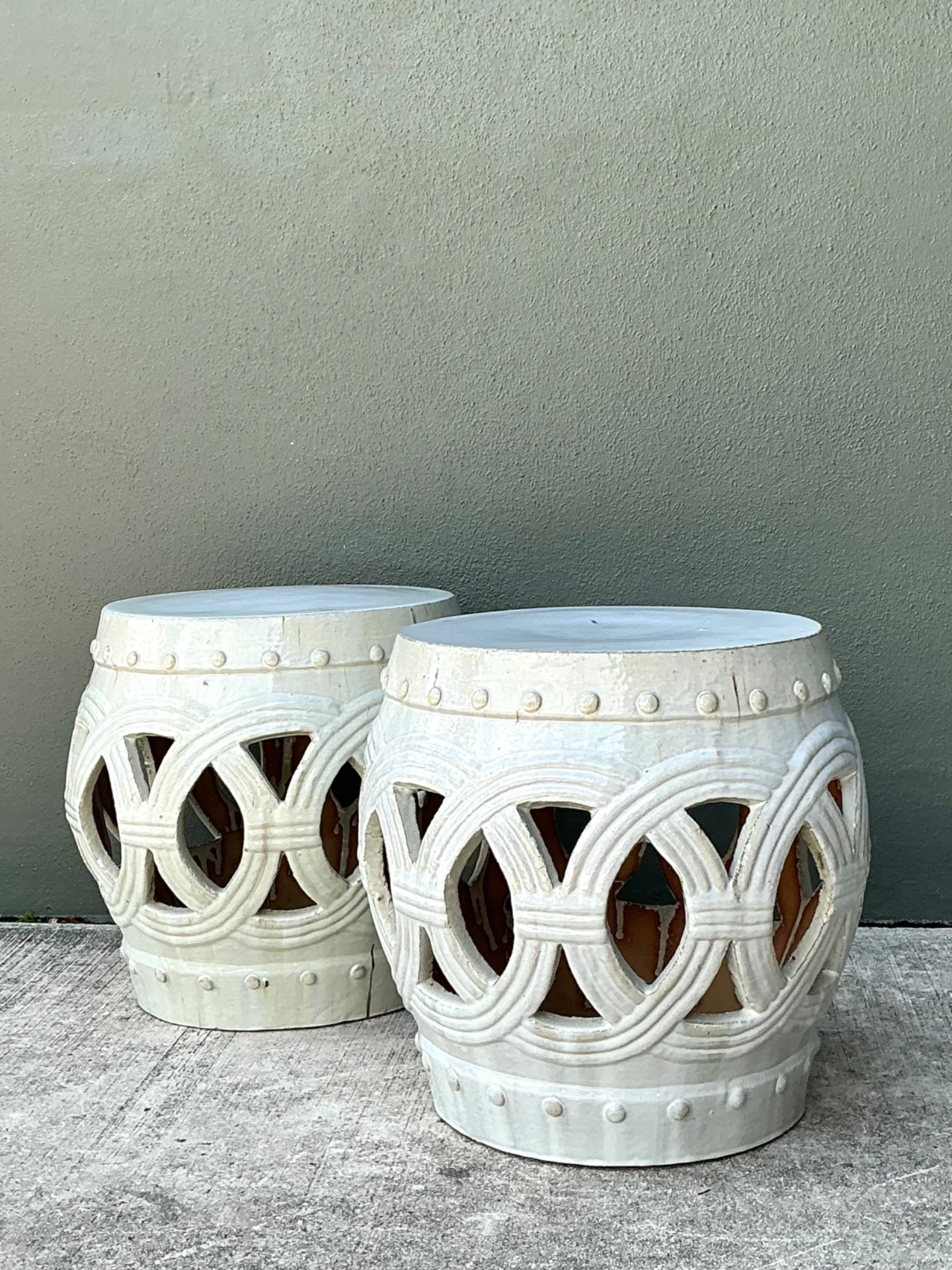 Vintage Ceramic Lattice Low Stools - Pair - Detail view