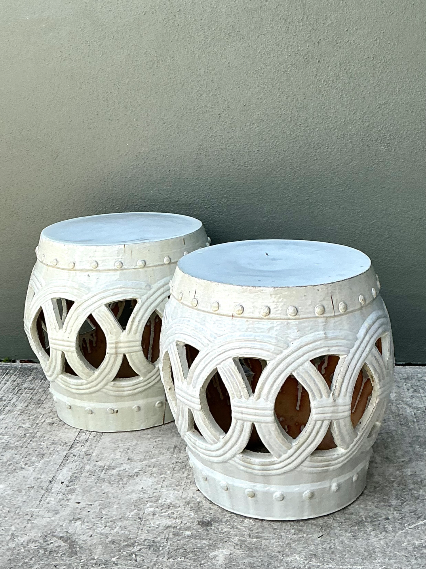 Vintage Ceramic Lattice Low Stools - Pair - Back view