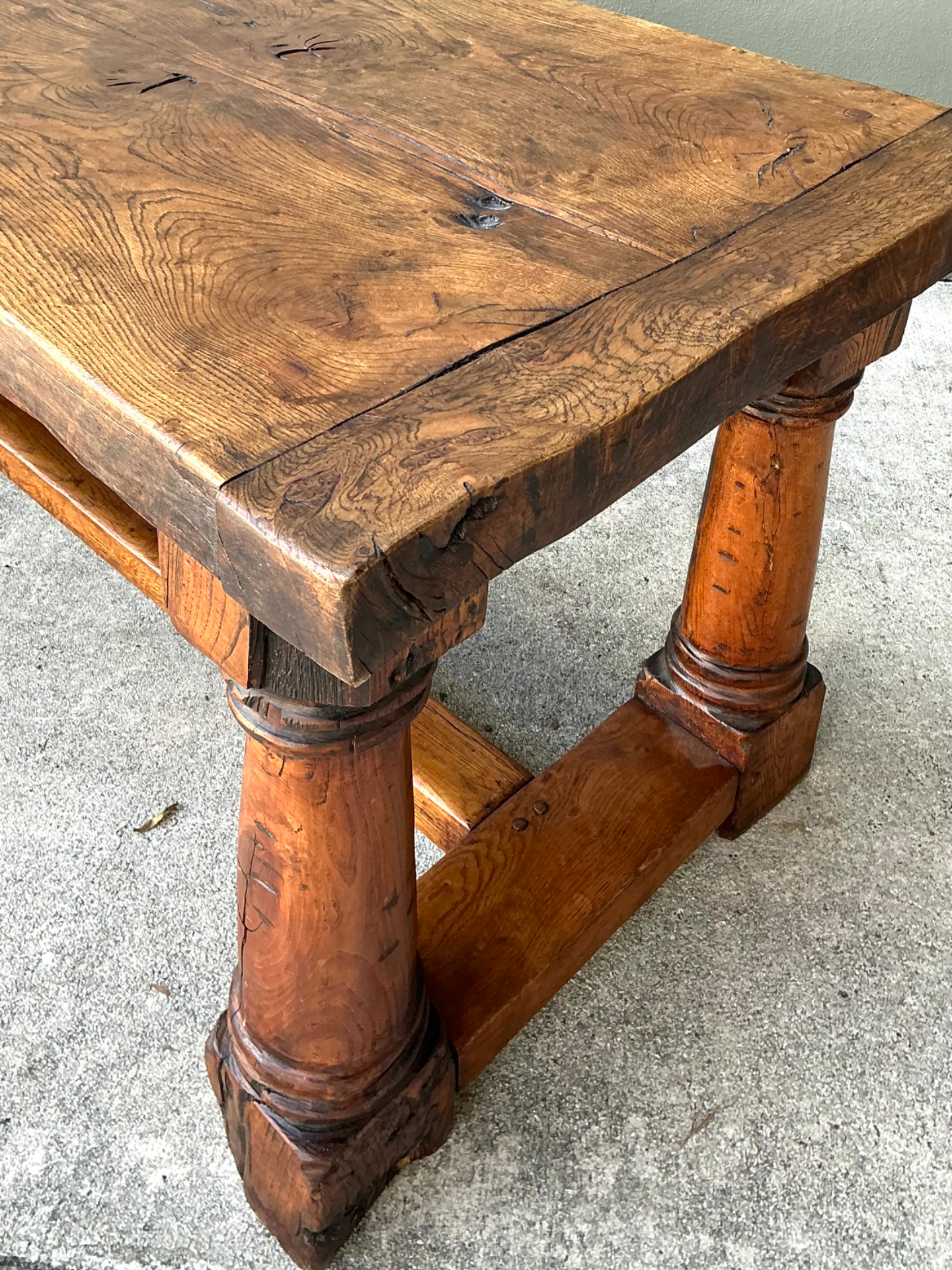 Vintage Belgian Solid Wood Trestle Table - Side view