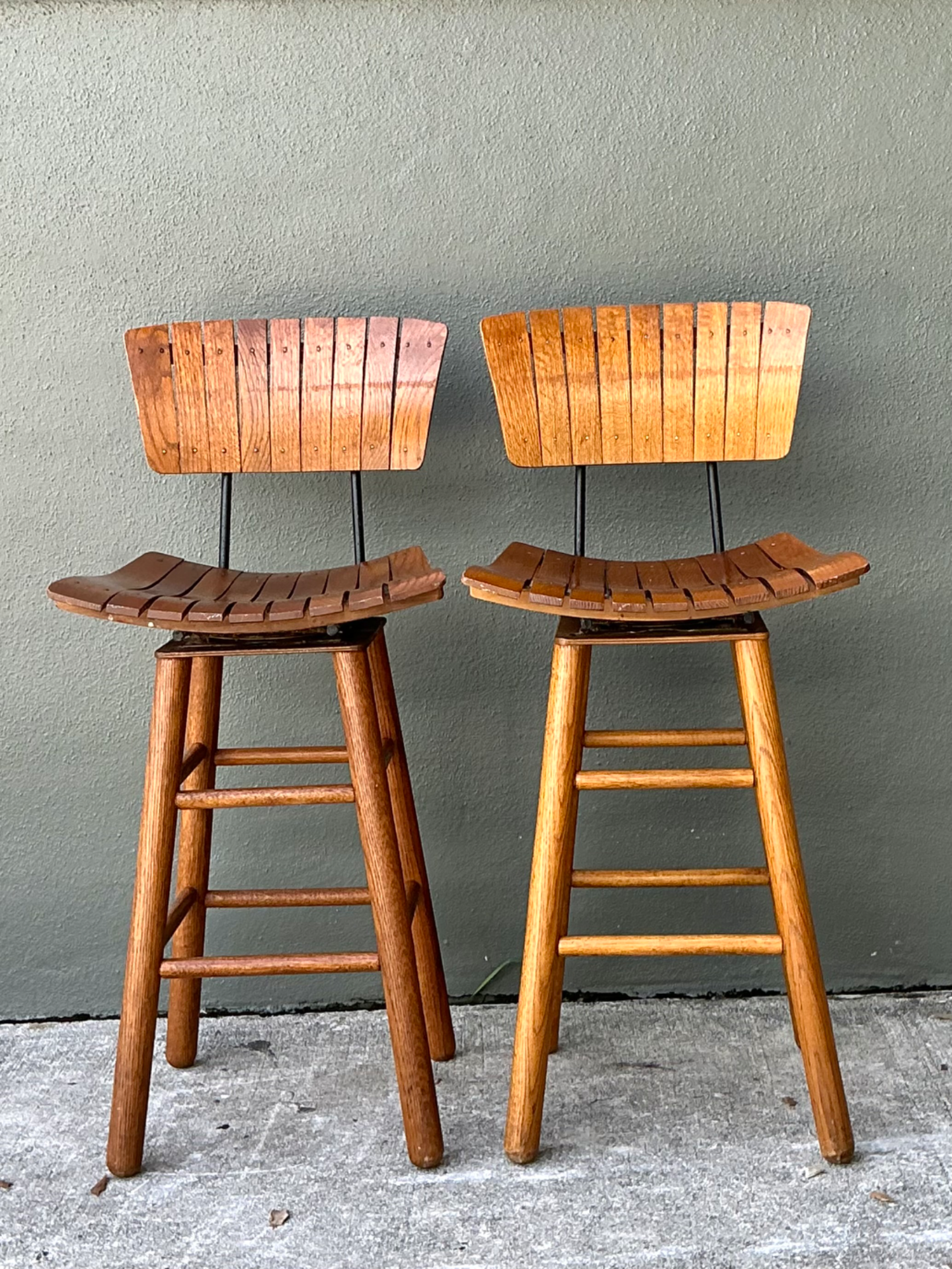 MCM Slat Back Bar Stools After Arthur Umanoff - Pair - Back view