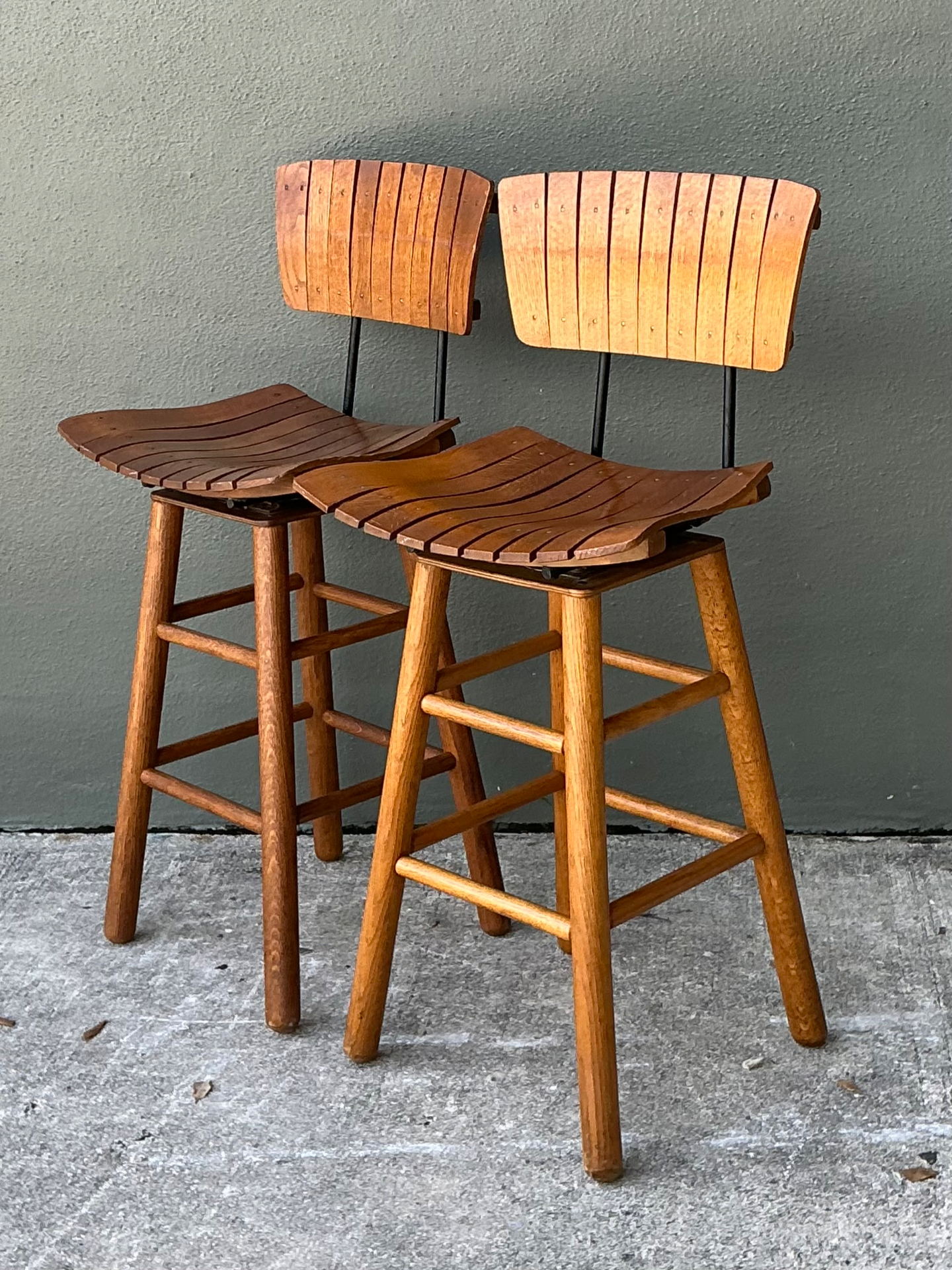 MCM Slat Back Bar Stools After Arthur Umanoff - Pair - Side view
