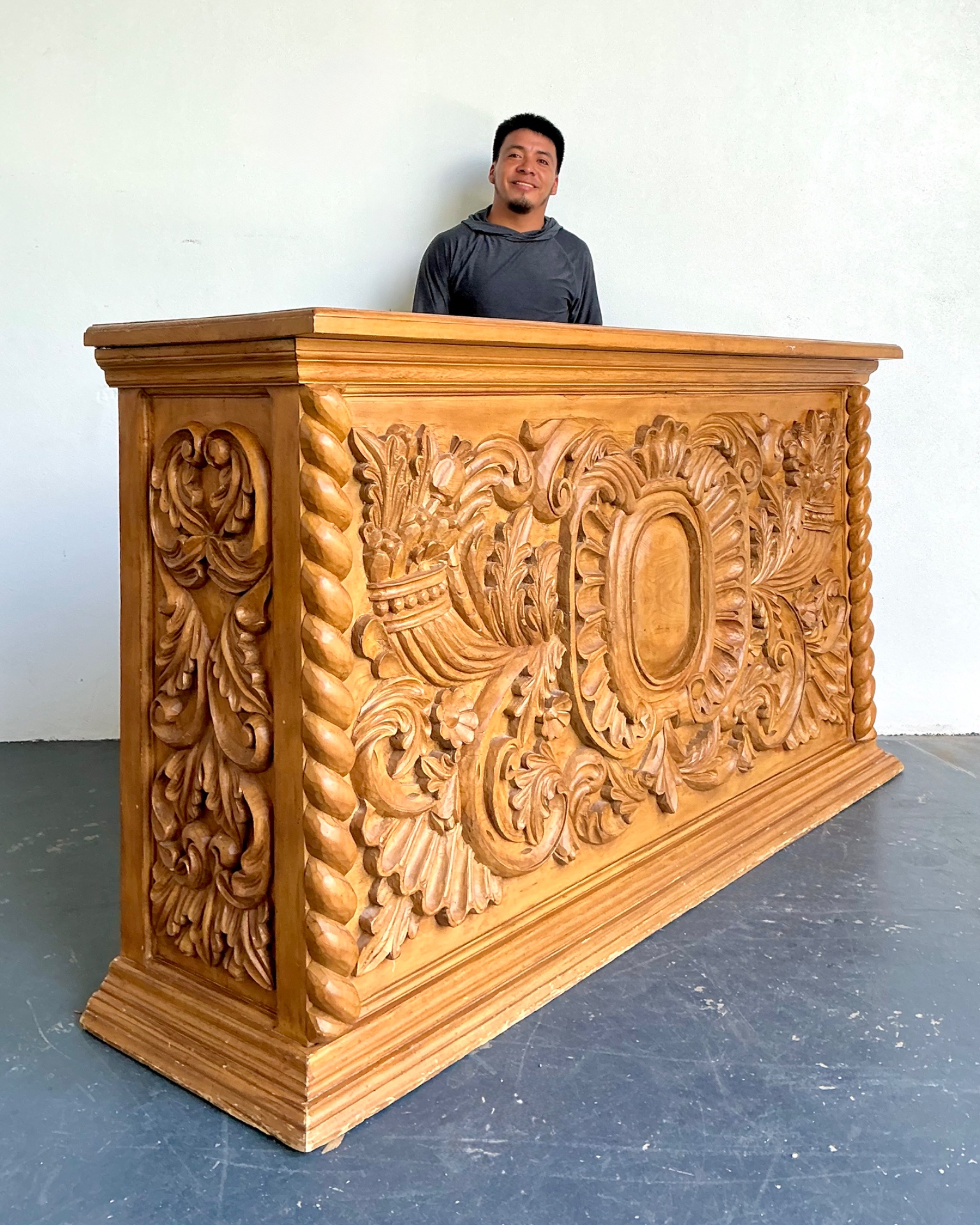 Vintage Ornate Wood Carved Dry Bar - Top view
