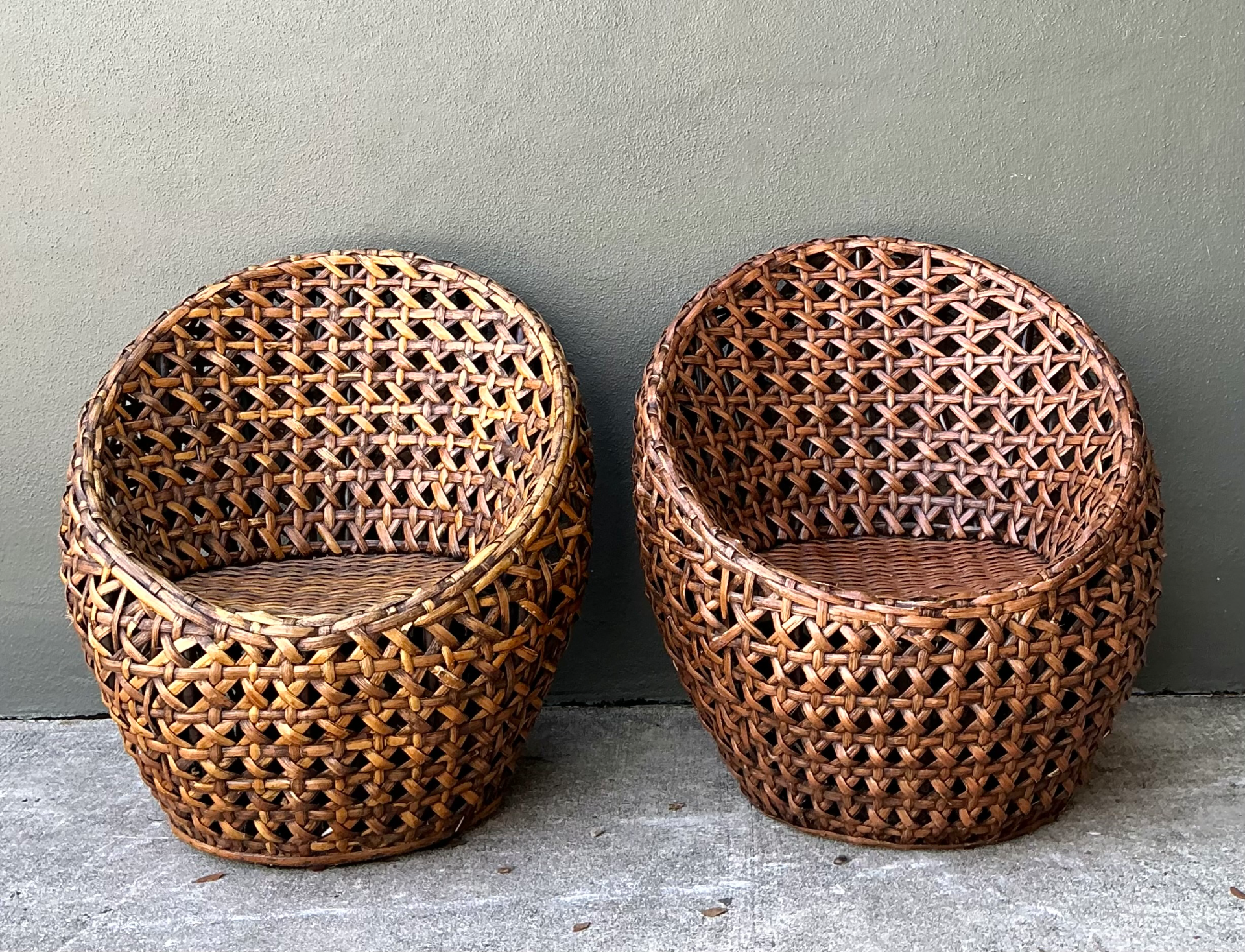 Vintage Woven Rattan Lounge Chairs - Pair - Back view