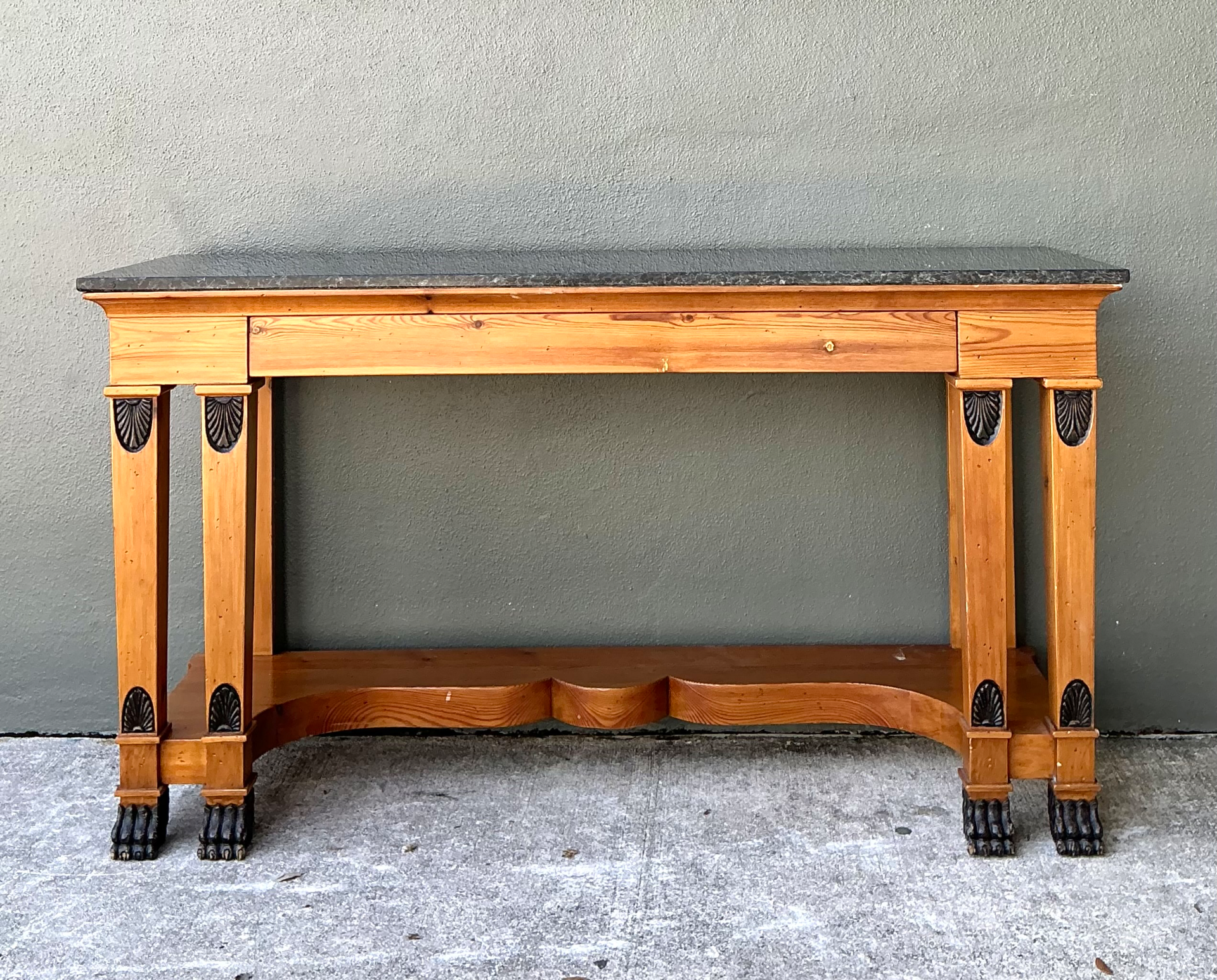 Vintage William Switzer Carved Wood Console with Stone Top - Top view