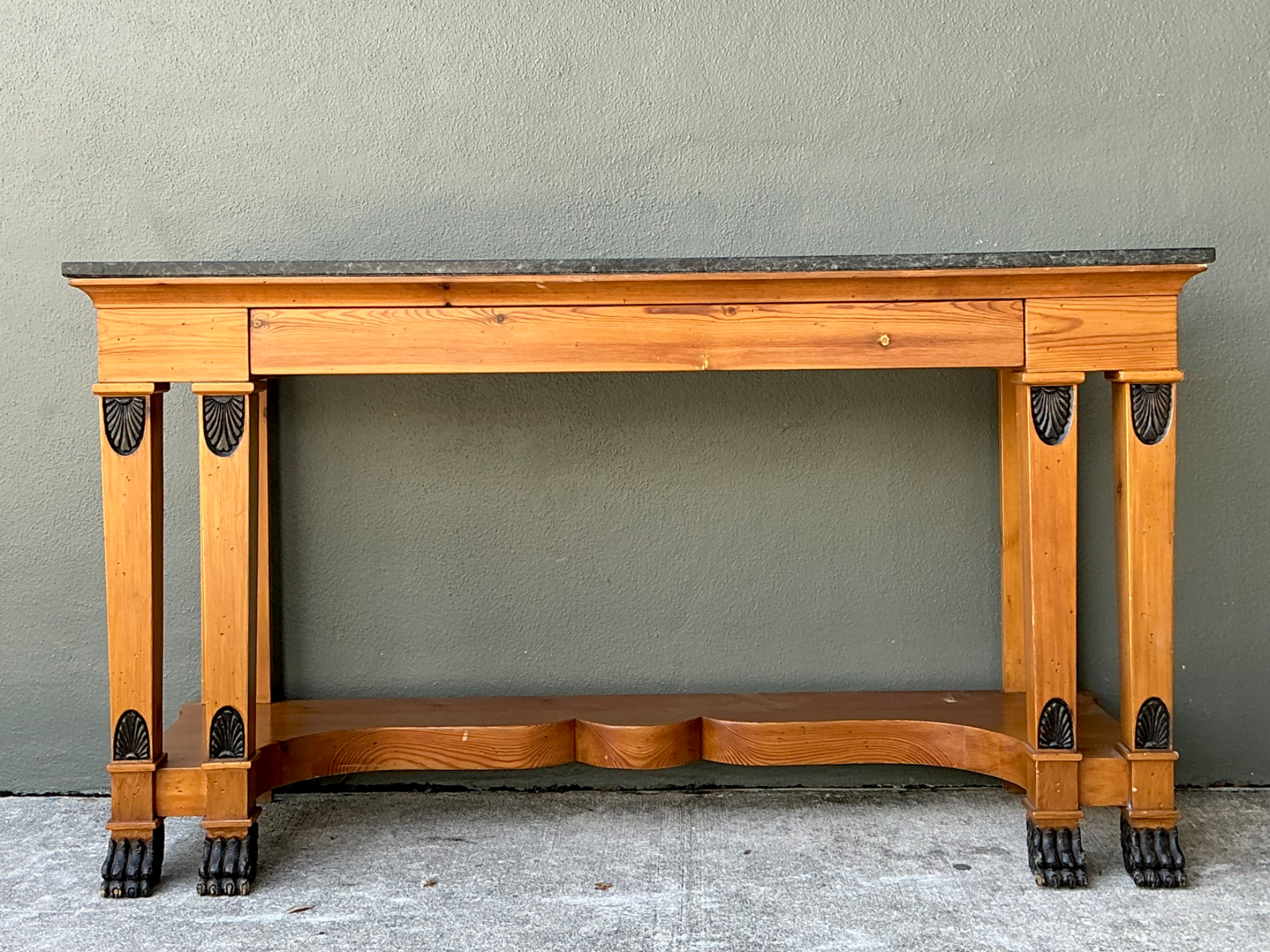 Vintage William Switzer Carved Wood Console with Stone Top - Side view