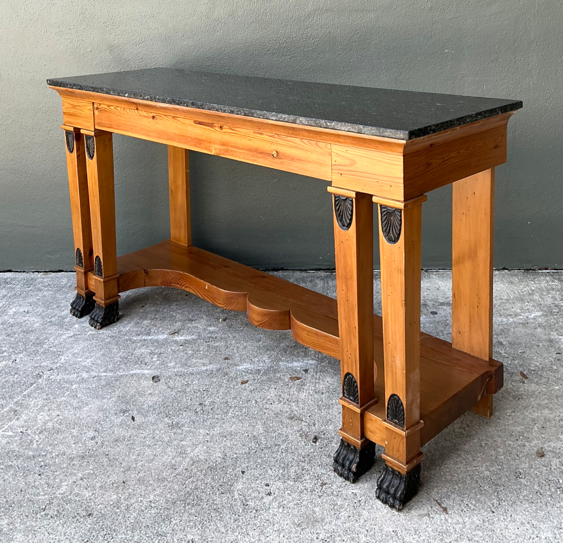Vintage William Switzer Carved Wood Console with Stone Top - Back view