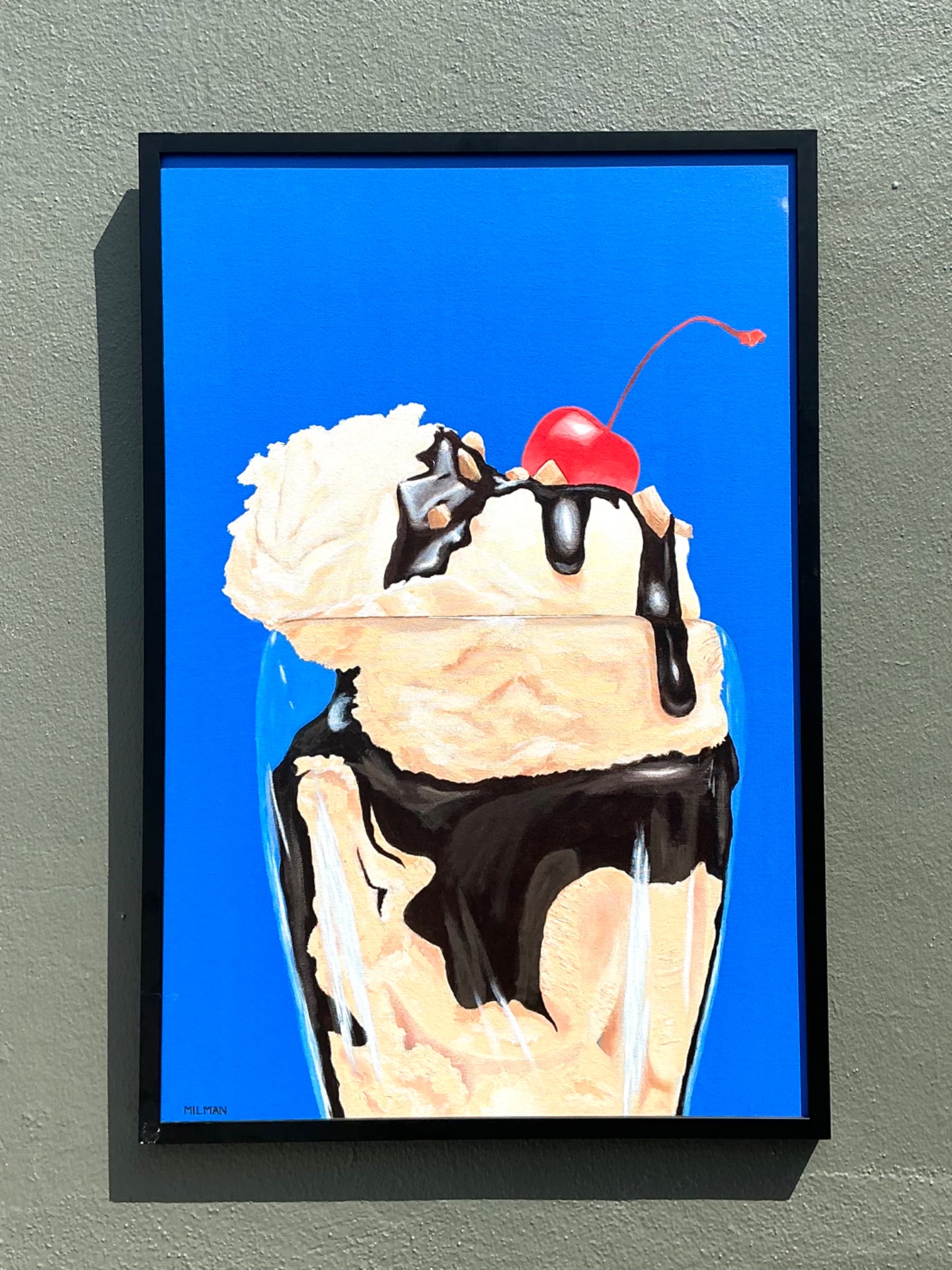 Vintage Original Ice Cream Sundae Oil Painting - Detail view