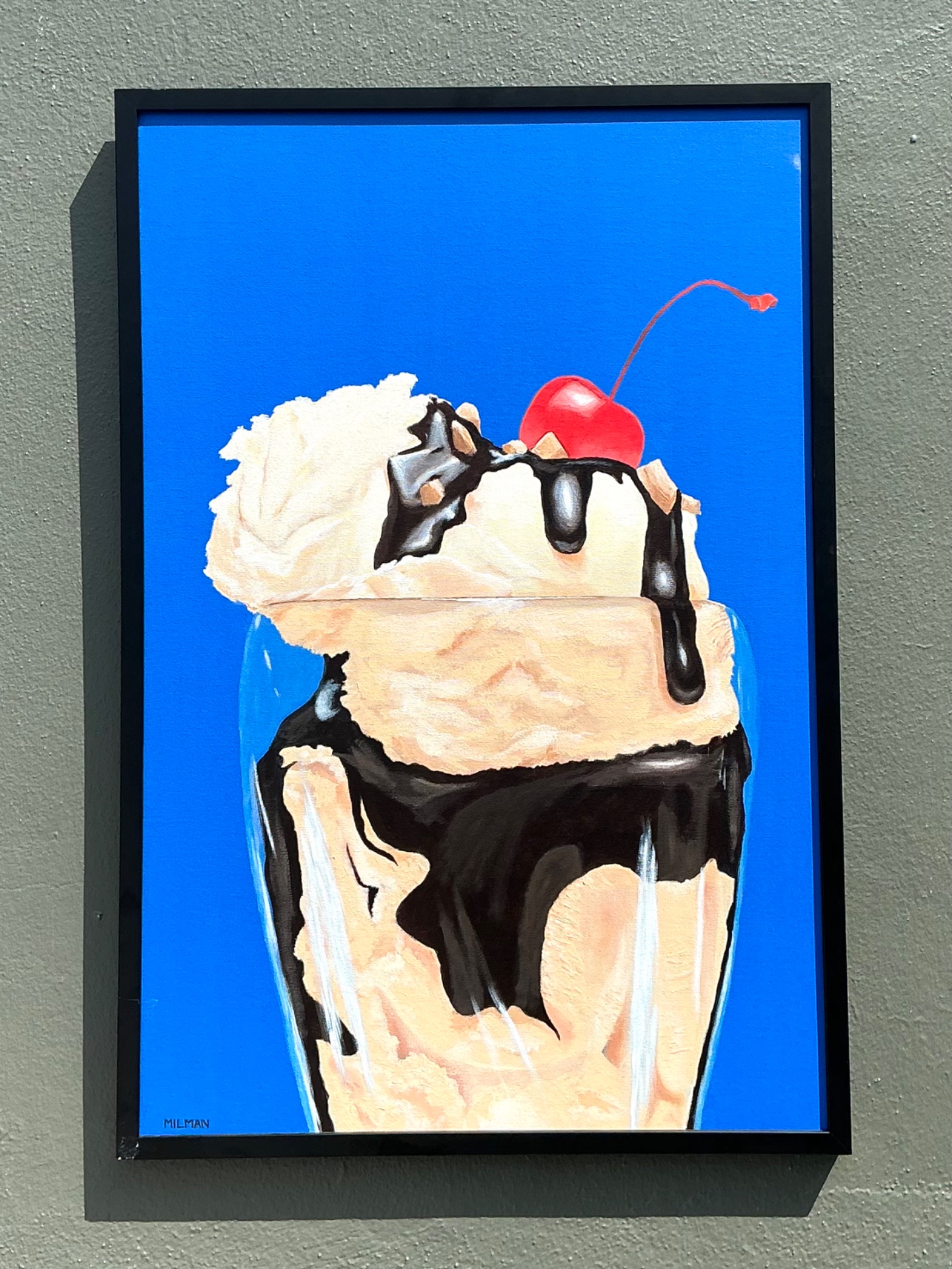 Vintage Original Ice Cream Sundae Oil Painting - Top view