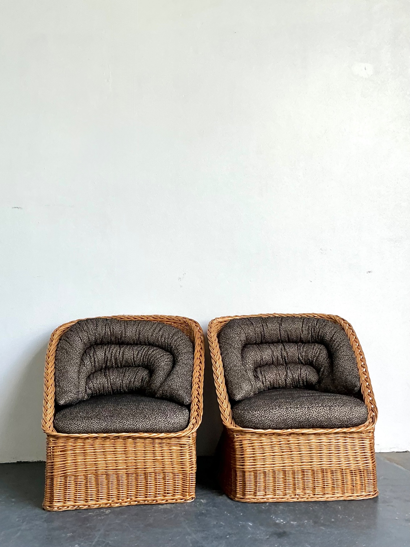 Vintage Woven Rattan Lounge Chairs - A Pair - Wicker, 30.25W x 30.25H - Side view