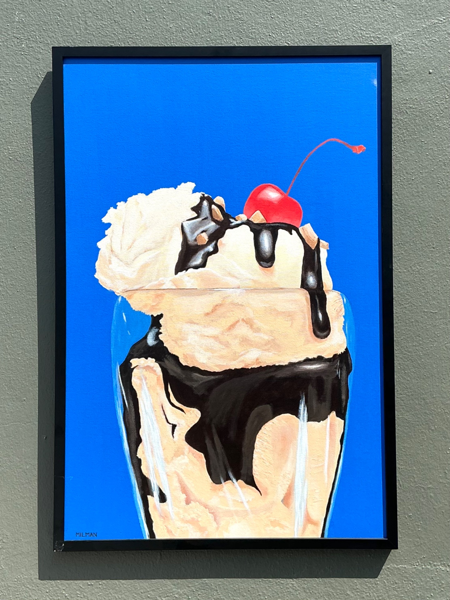 Vintage Original Ice Cream Sundae Oil Painting - Side view