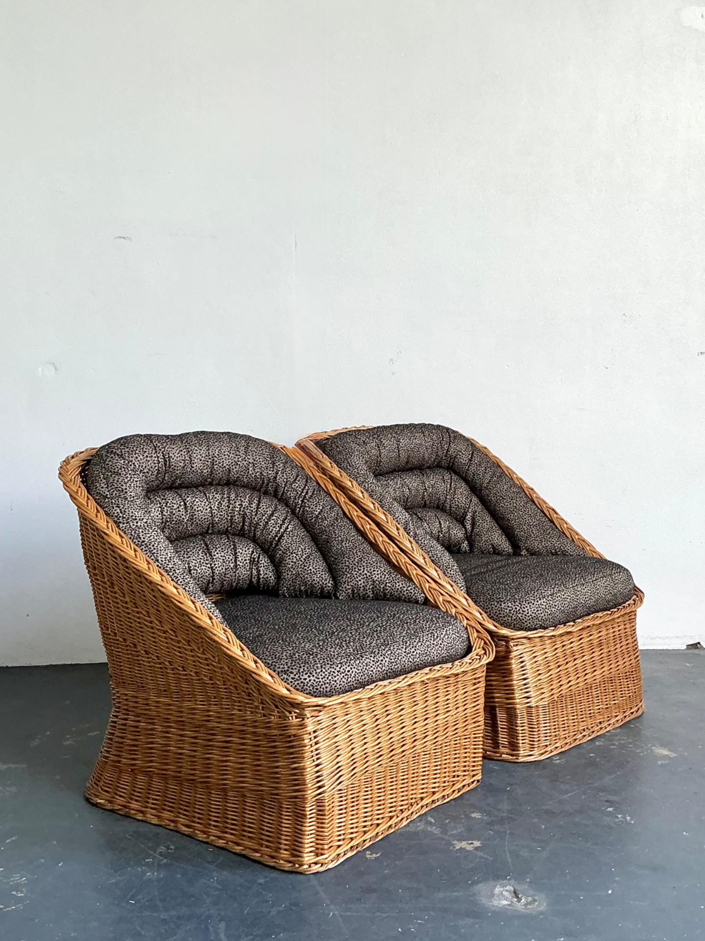 Vintage Woven Rattan Lounge Chairs - A Pair - Wicker, 30.25W x 30.25H - Back view