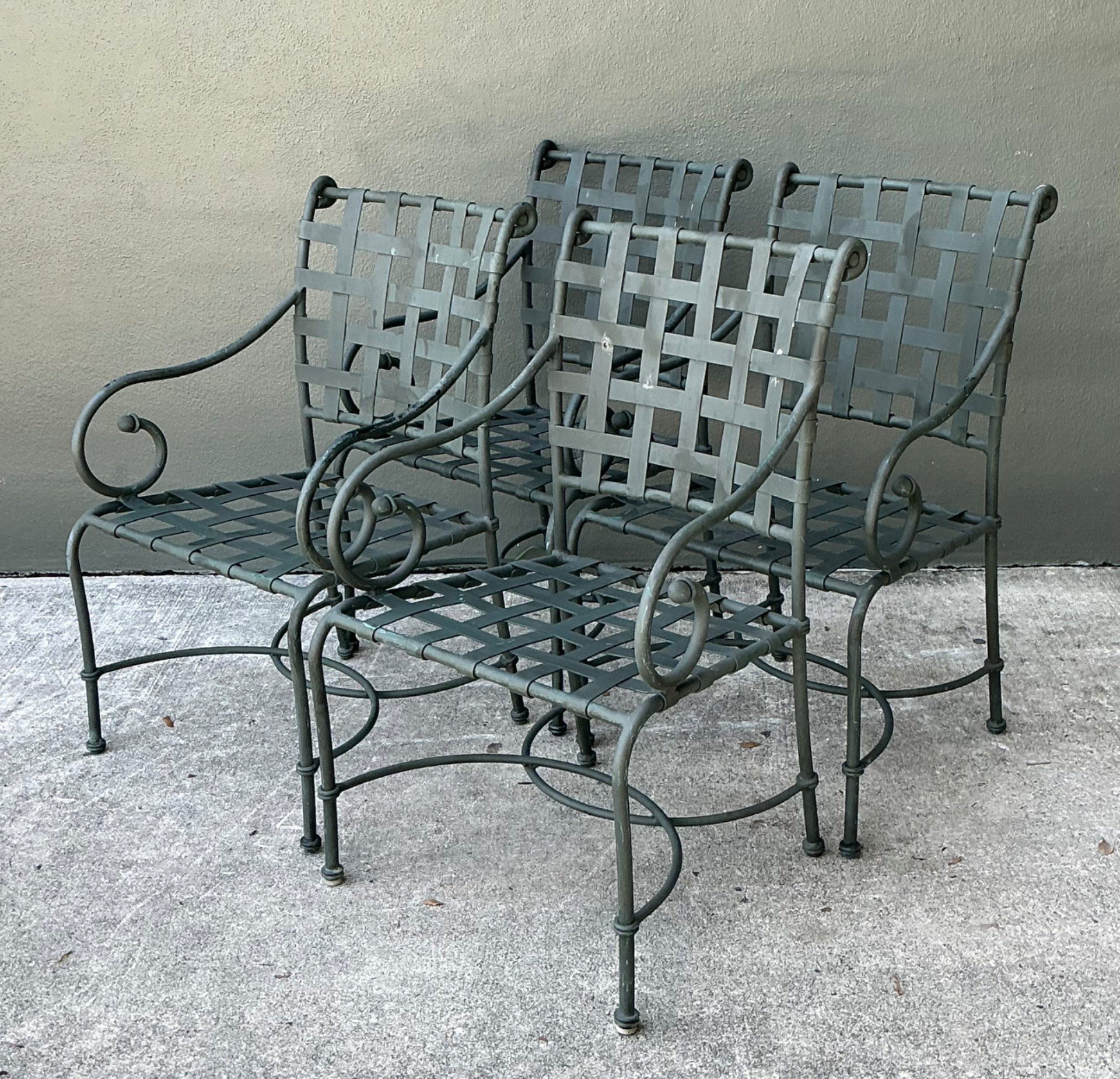 Vintage Brown Jordan “Florentine” Scroll Arm Metal Dining Chairs - Set of Four - Back view