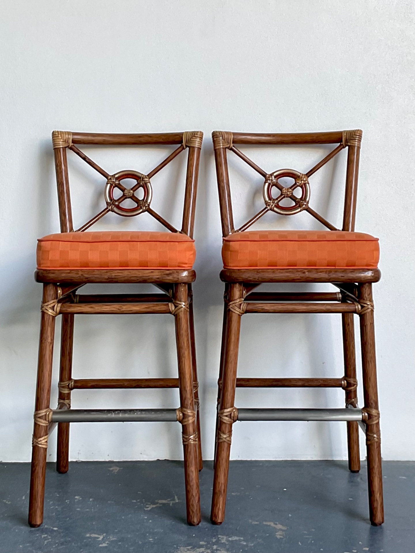 Vintage McGuire Target Back Bar Stools - A Pair - Side view