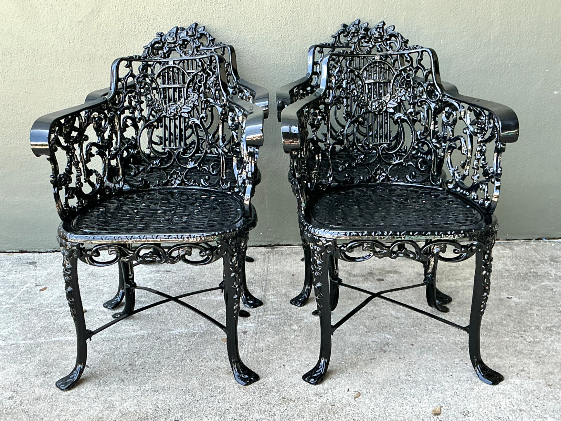 Vintage Cast Aluminum Lyre Back Armchairs - Set of Four - Side view