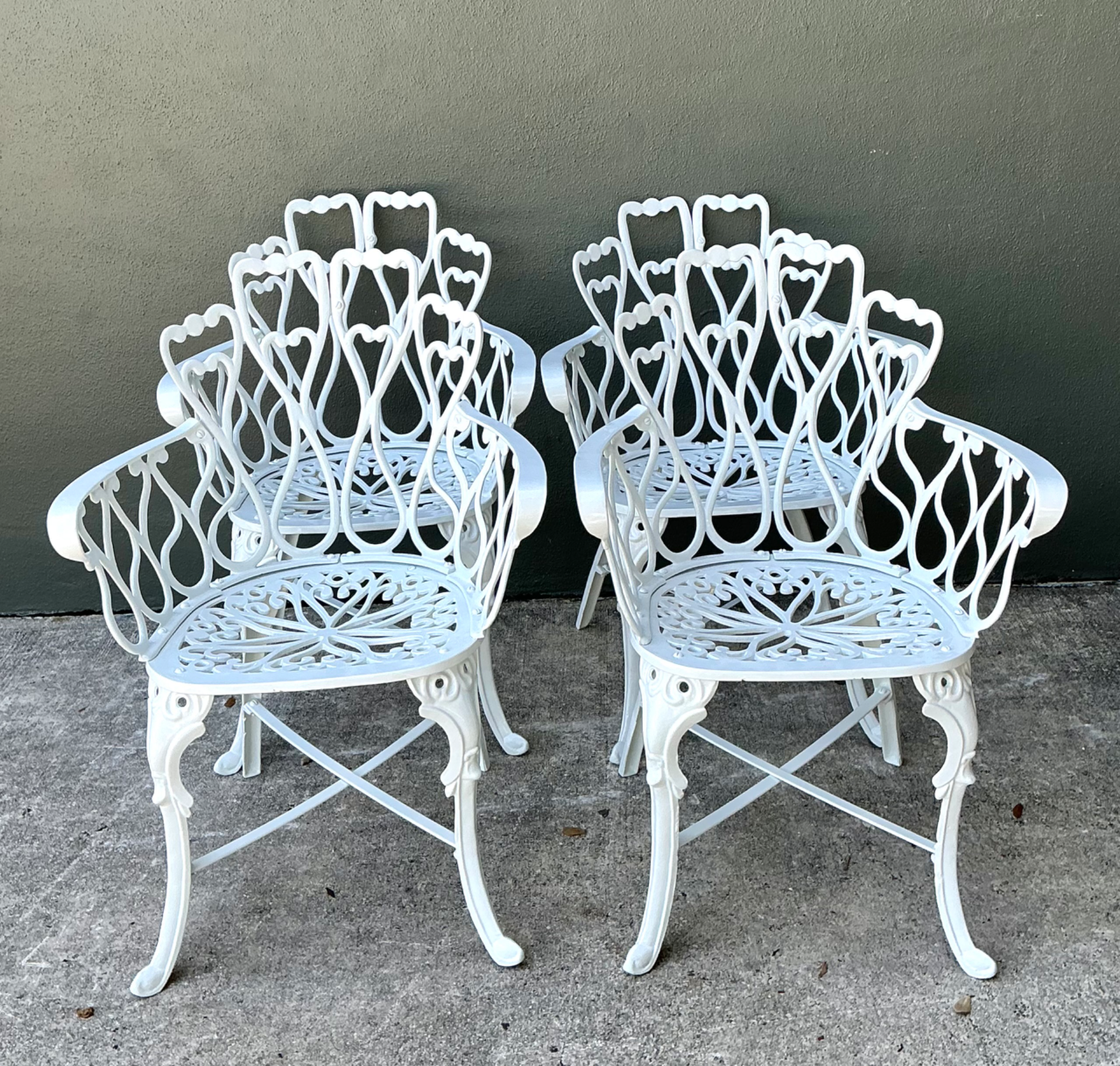 Vintage White Metal Outdoor Armchairs - Set of Four - Back view