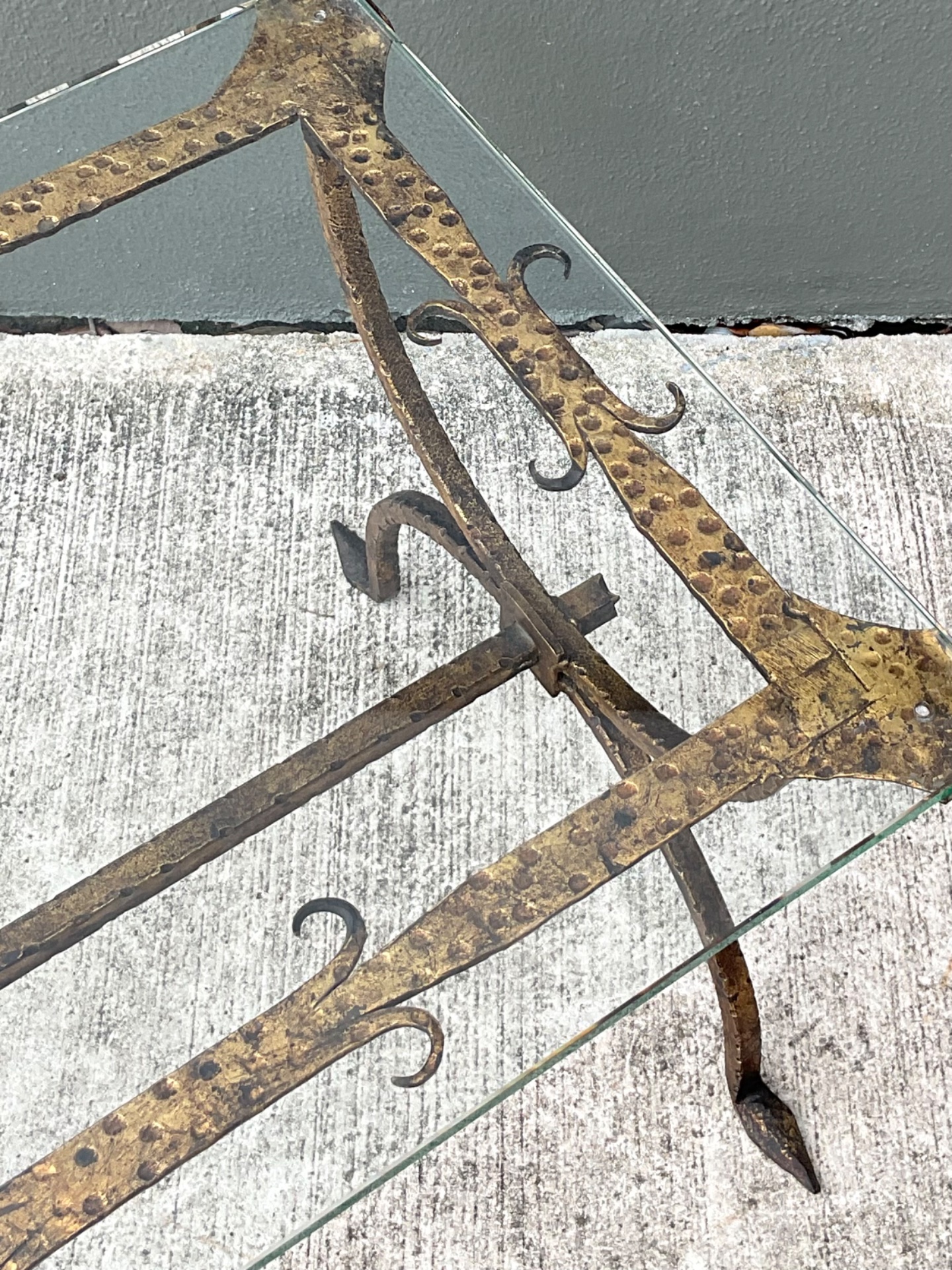 Vintage Hammered Iron and Glass Coffee Table - Side view