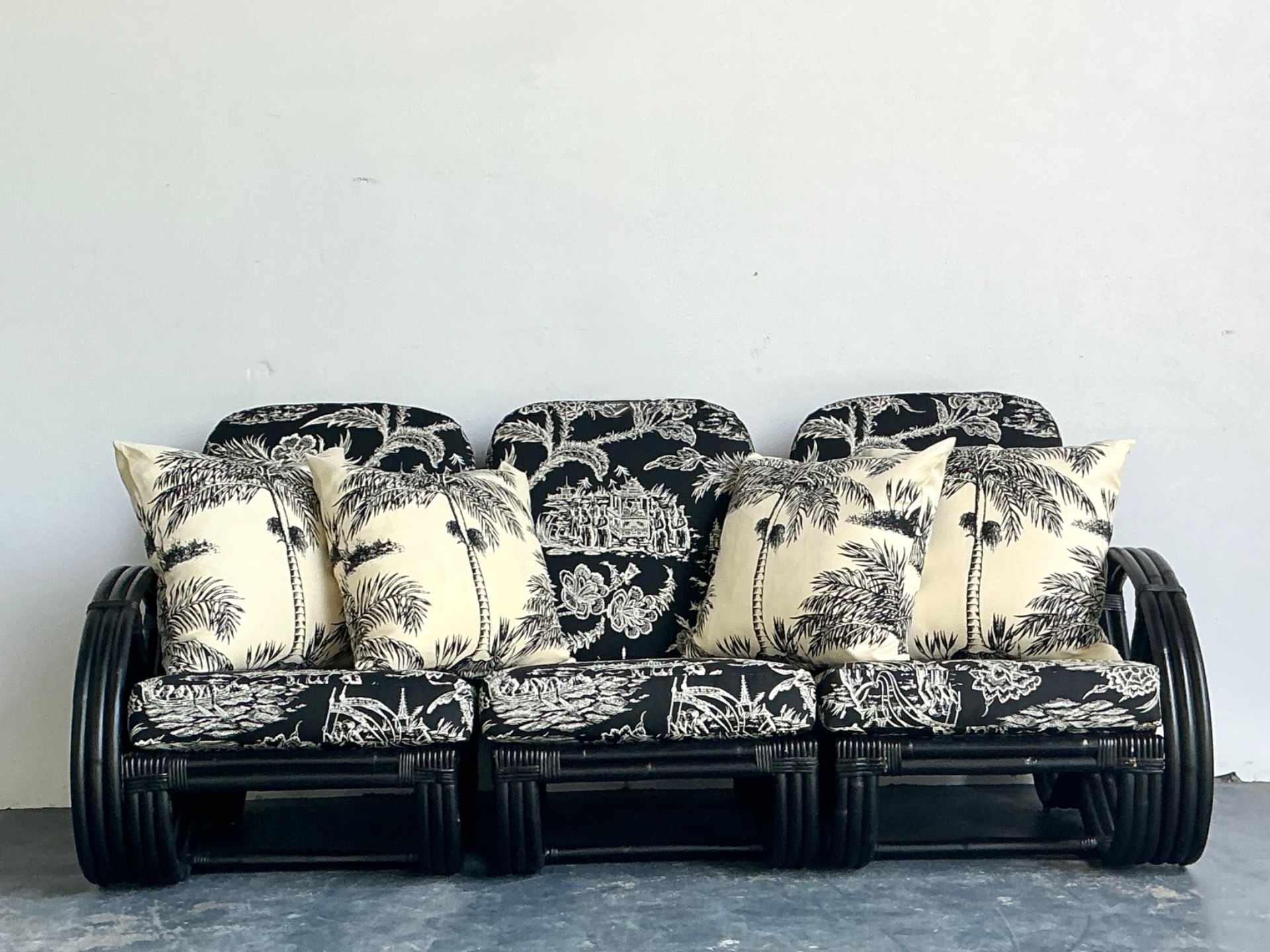 Vintage Black Rattan Sofa In Quadrille “Royal Journey” - Top view