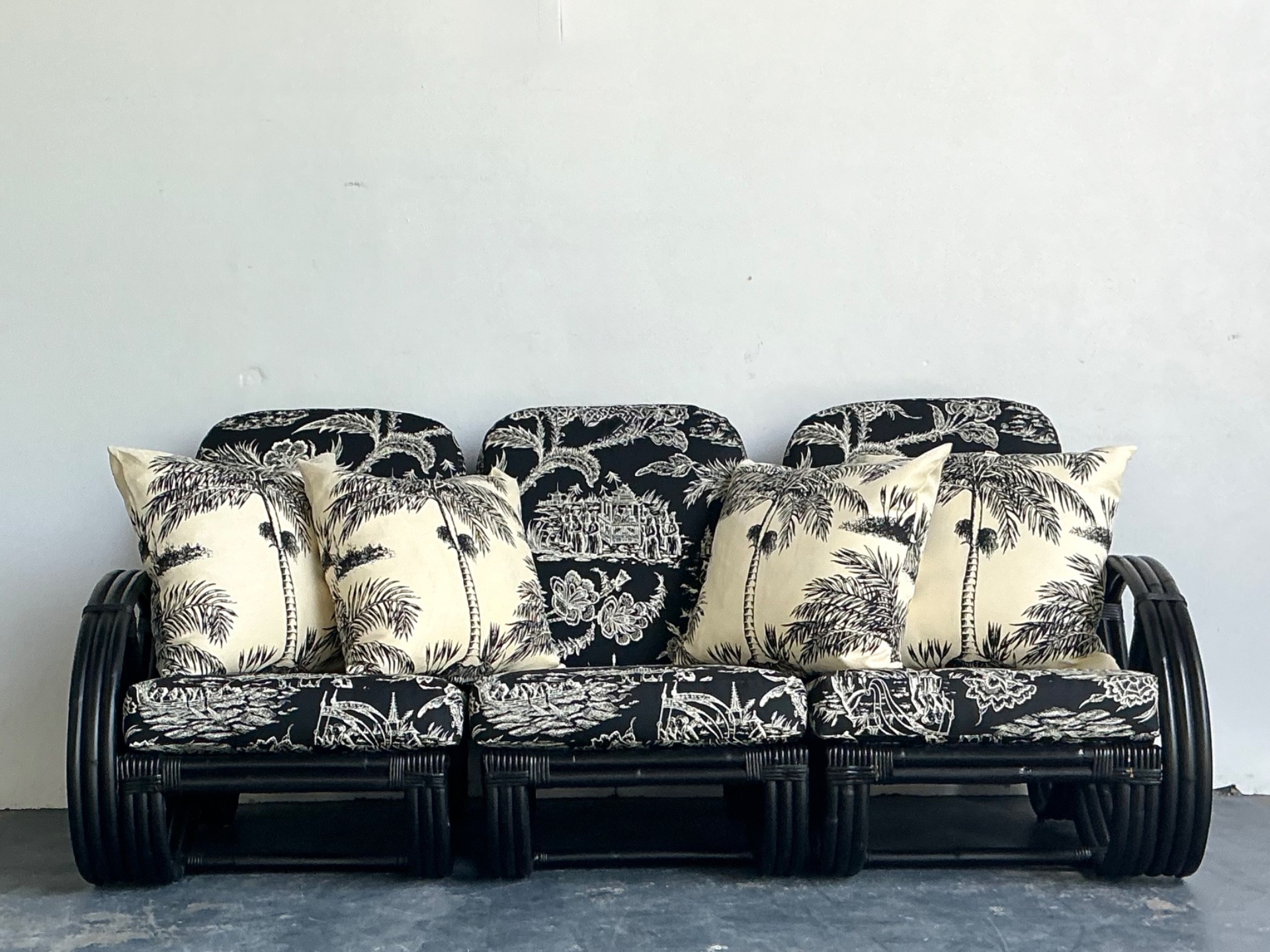Vintage Black Rattan Sofa In Quadrille “Royal Journey” - Detail view
