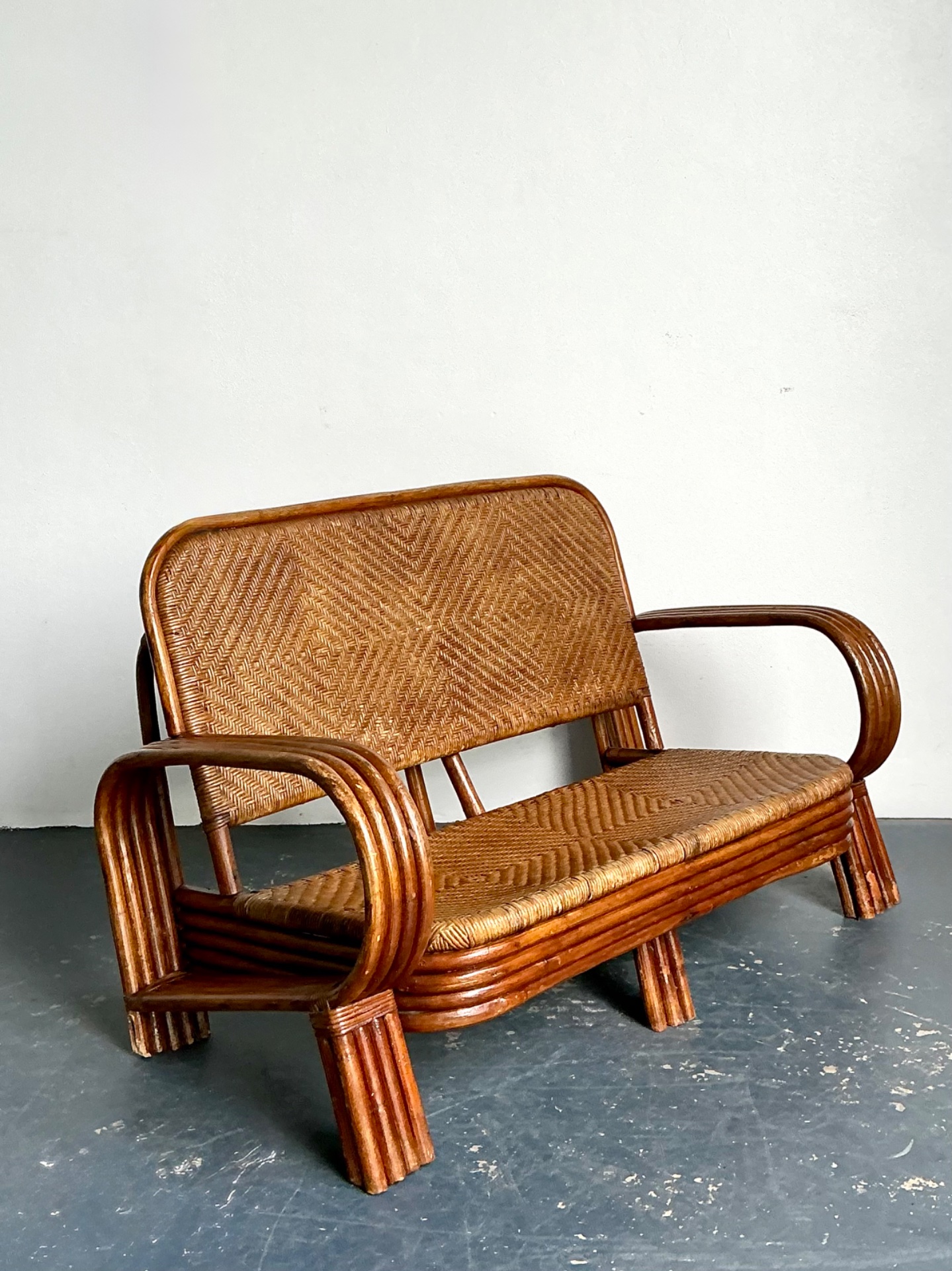 Vintage Woven Rattan Loveseat - Side view