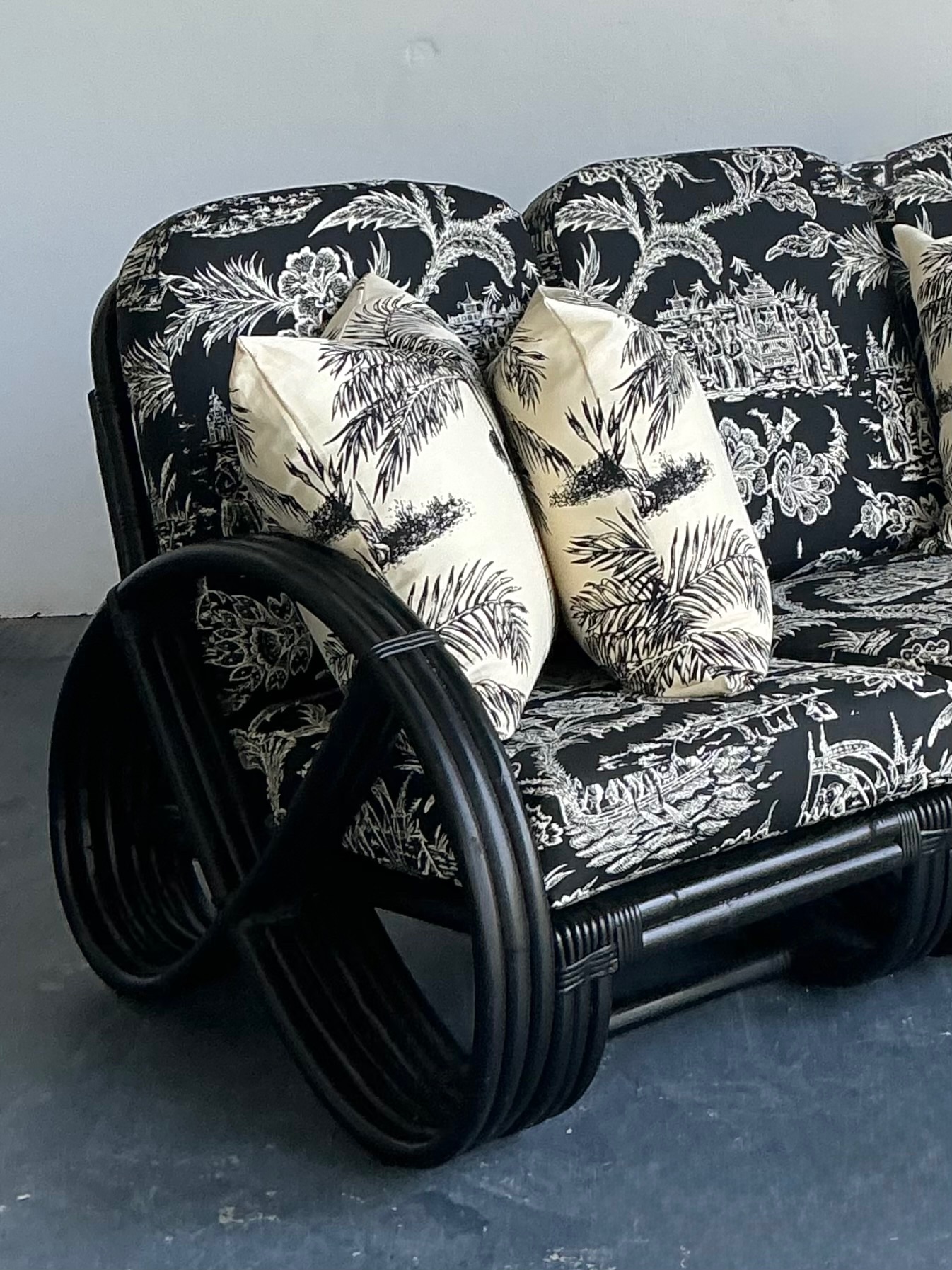 Vintage Black Rattan Sofa In Quadrille “Royal Journey” - Back view