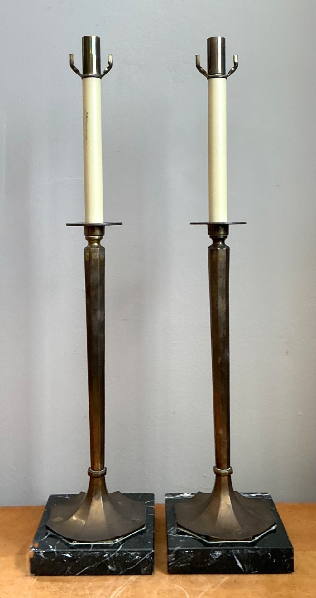 Vintage Chapman Brass and Marble Candlestick Lamps - A Pair - Detail view