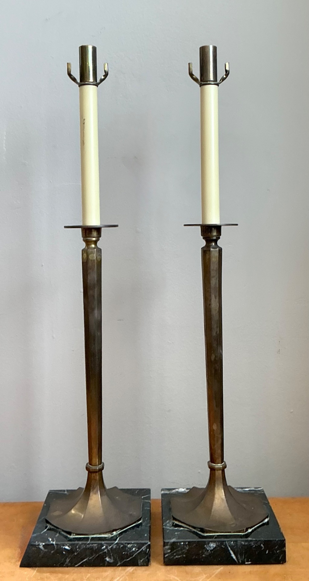 Vintage Chapman Brass and Marble Candlestick Lamps - A Pair - Back view