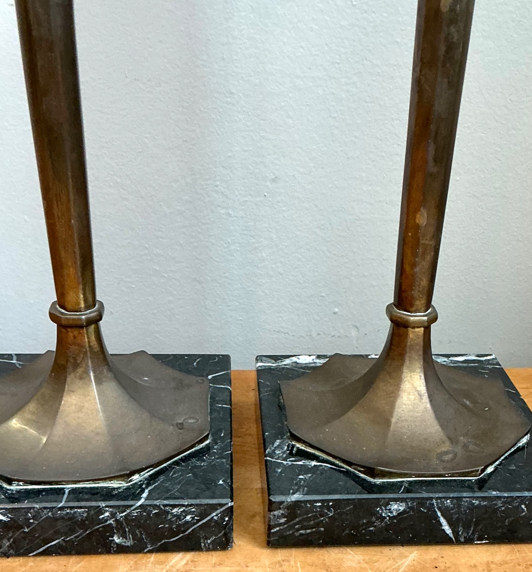 Vintage Chapman Brass and Marble Candlestick Lamps - A Pair - Top view