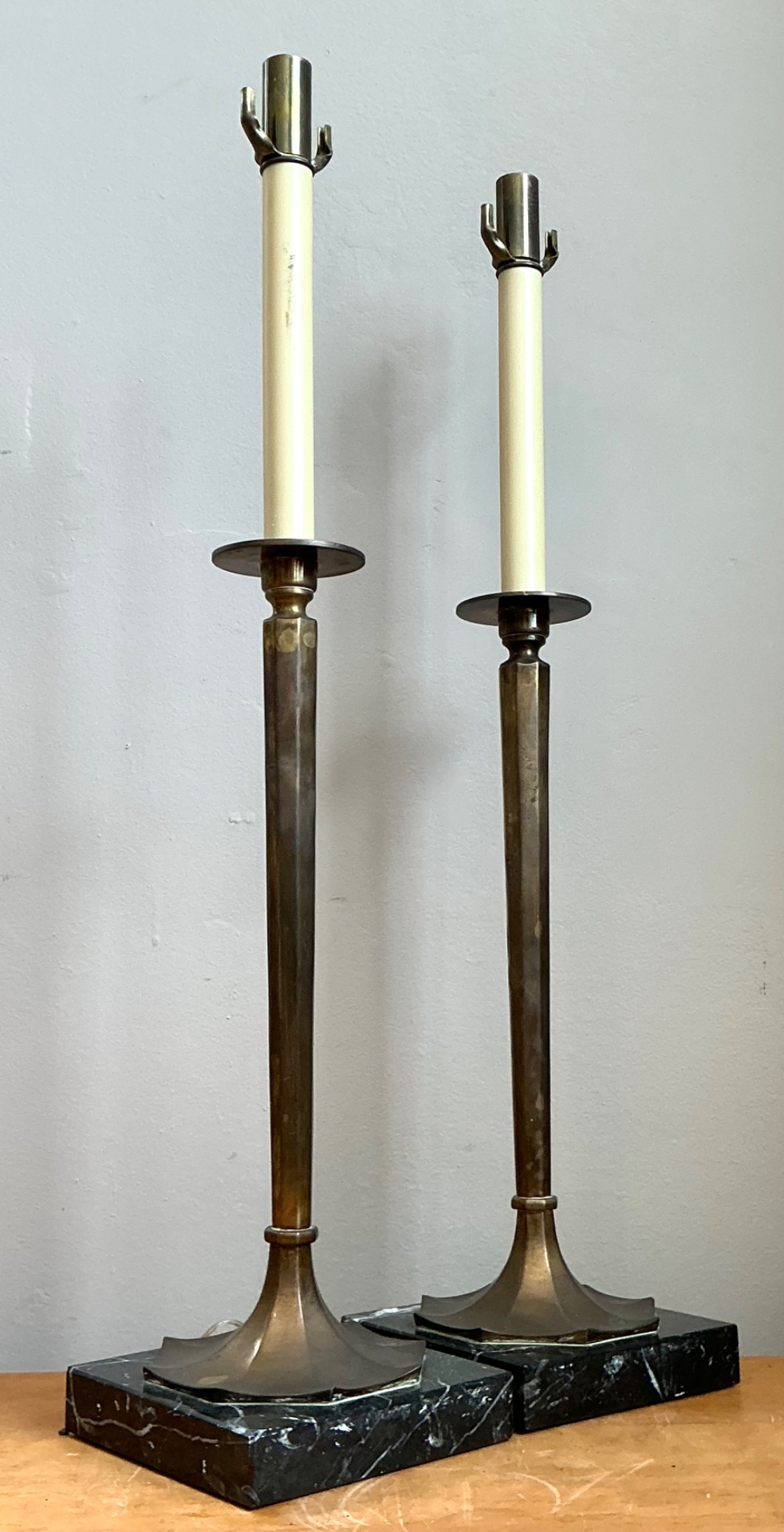 Vintage Chapman Brass and Marble Candlestick Lamps - A Pair - Side view