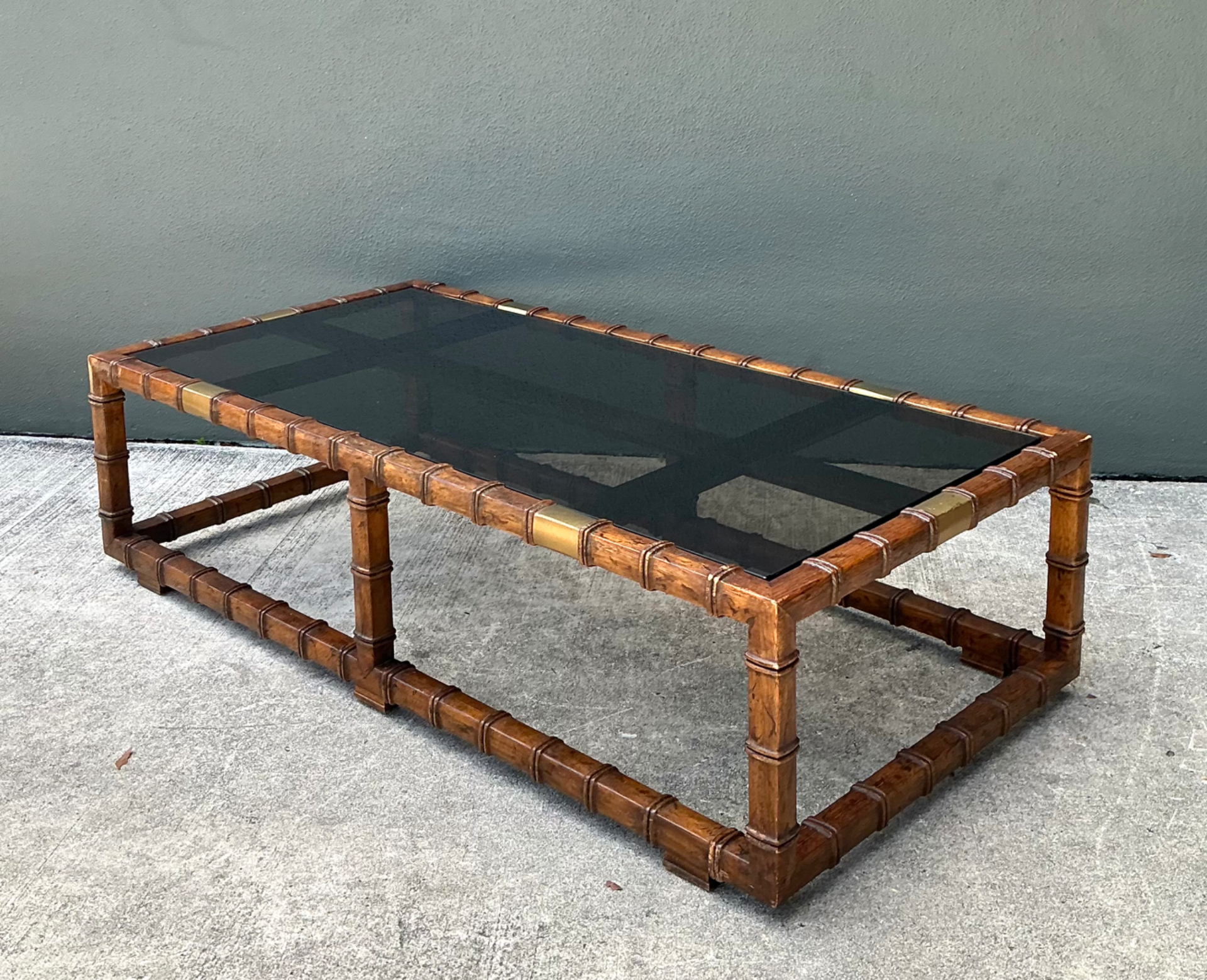 Vintage Carved Faux Bamboo and Glass Coffee Table - Side view