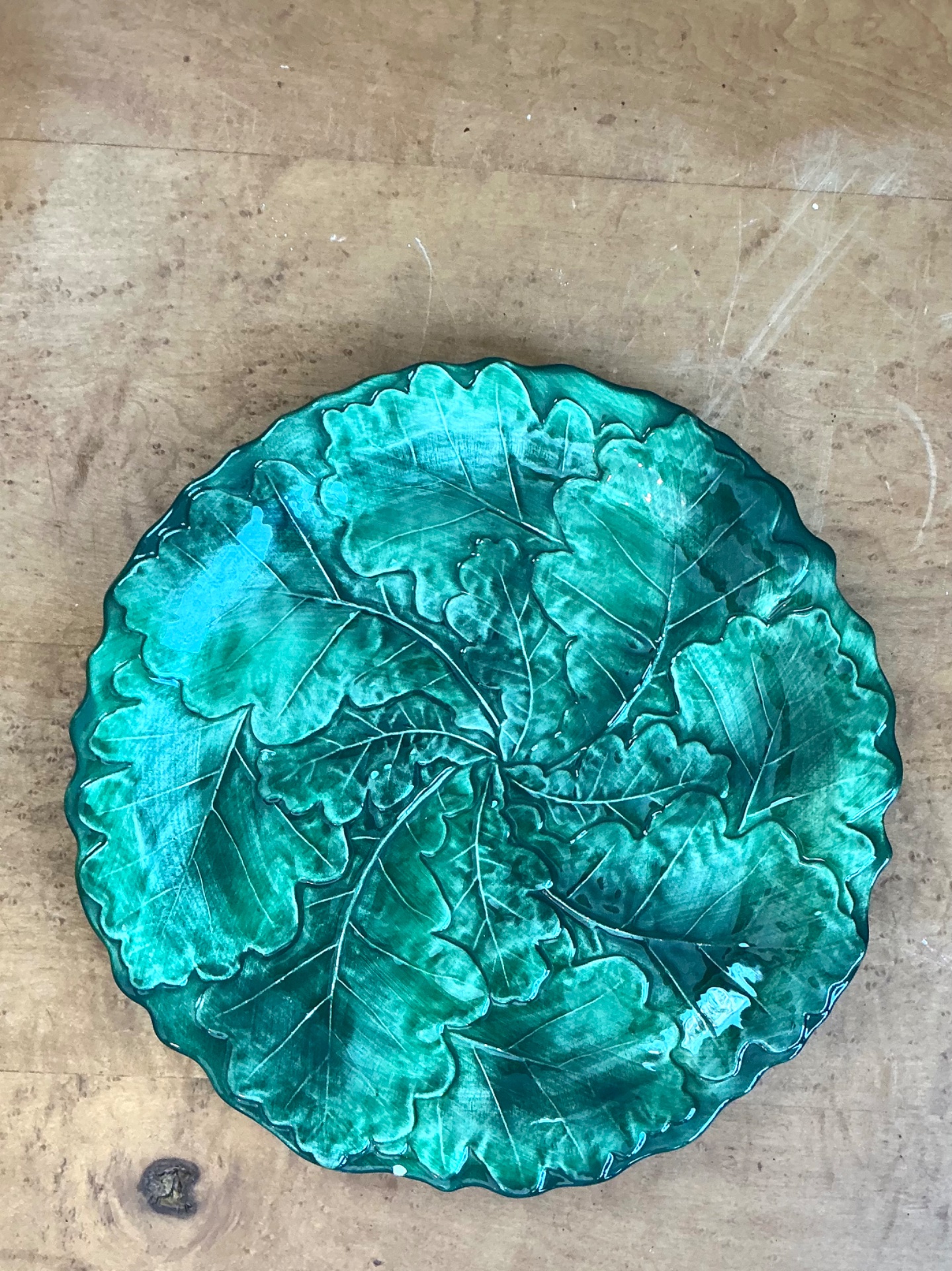 Vintage Bordallo Pinheiro Green Cabbage Leaf Platter - Ceramic, 10.75W x 1H - Side view