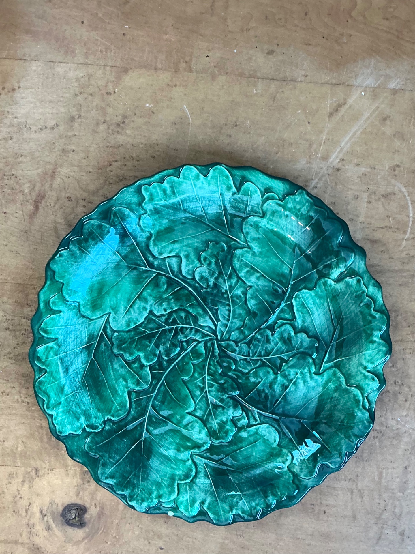 Vintage Bordallo Pinheiro Green Cabbage Leaf Platter - Ceramic, 10.75W x 1H - Top view