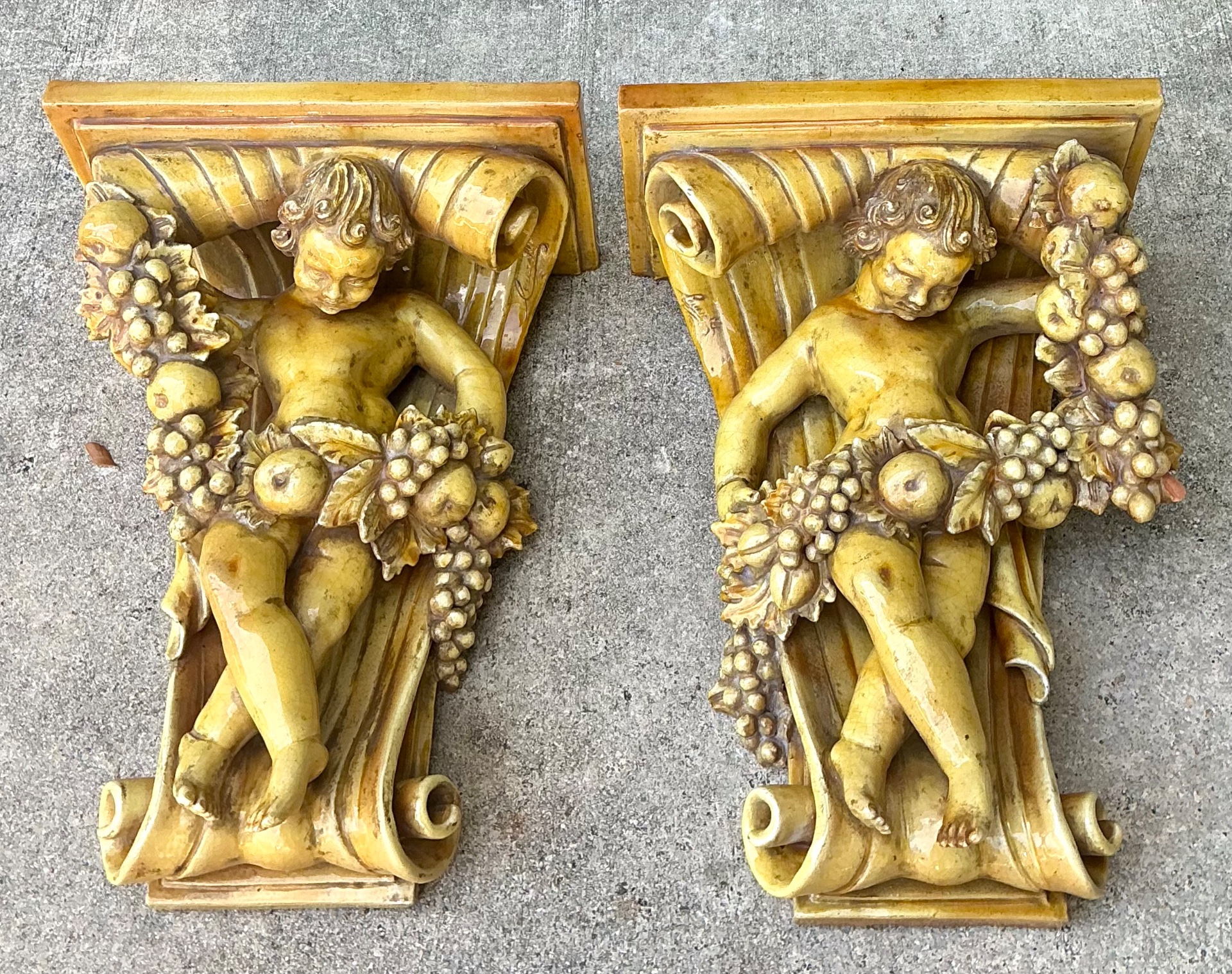 Vintage Italian Ceccerelli Fruit Garland Cherub Wall Terracotta Sconces - Back view