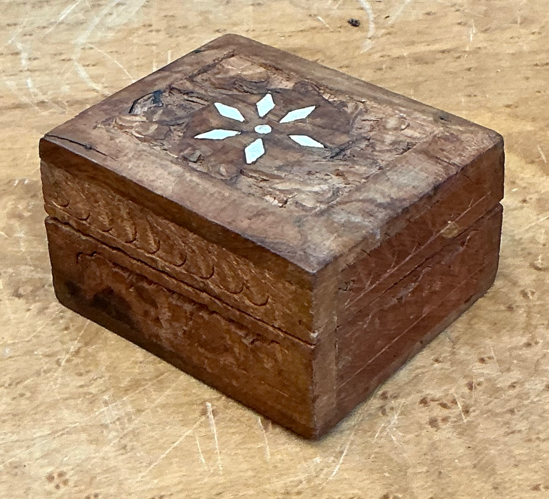 Vintage Carved Wood Trinket Box - Side view