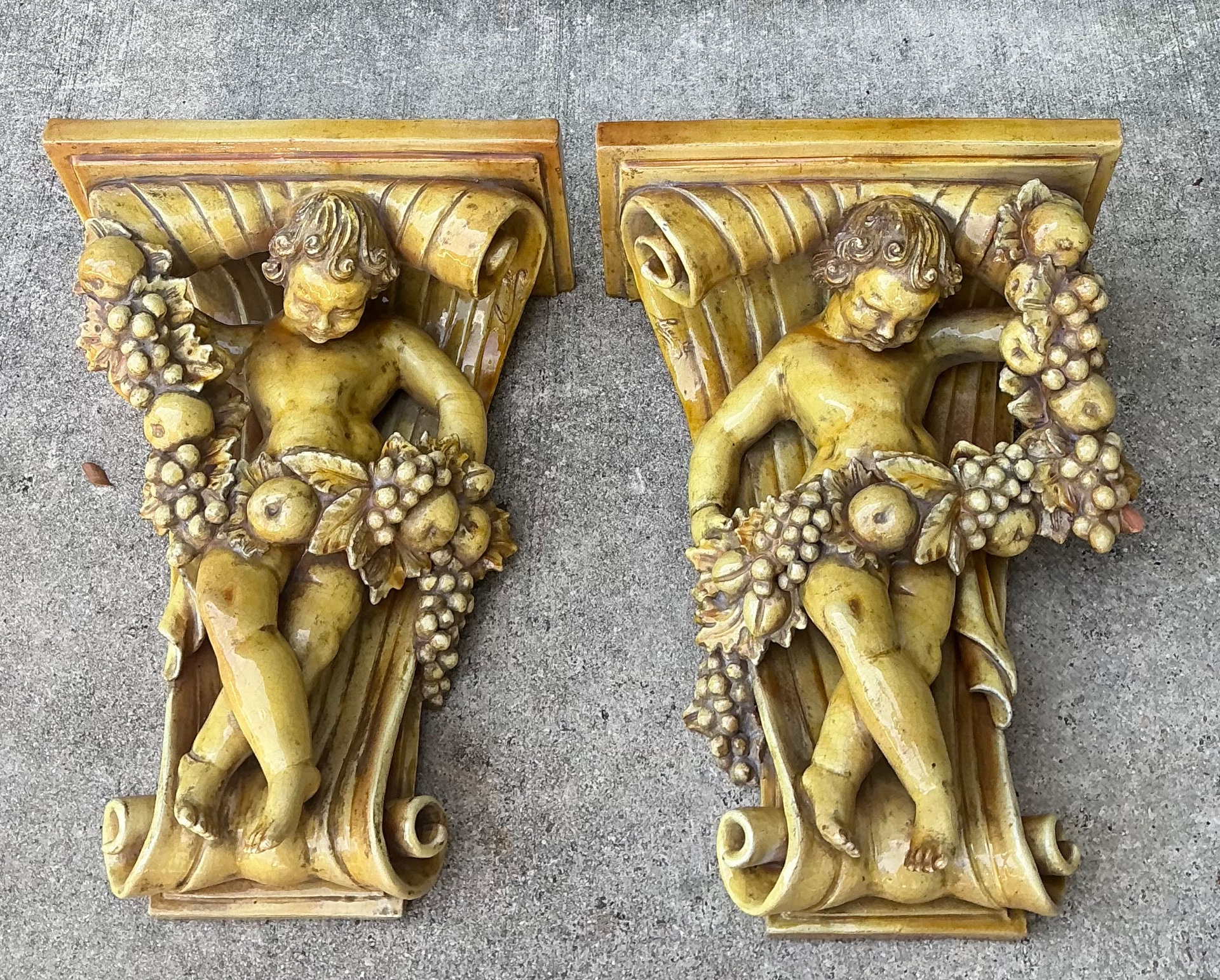Vintage Italian Ceccerelli Fruit Garland Cherub Wall Terracotta Sconces - Top view