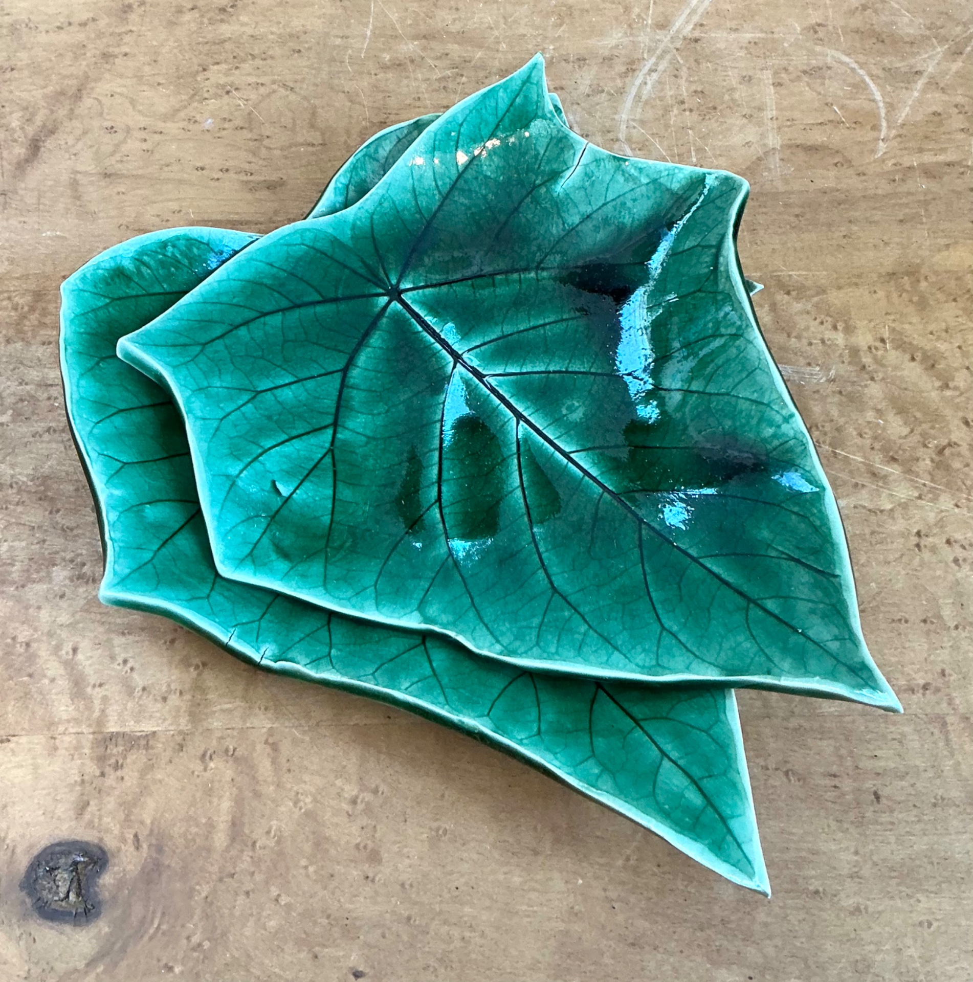 Vintage Glazed Ceramic Leaf Plates - Set of 2 - Top view