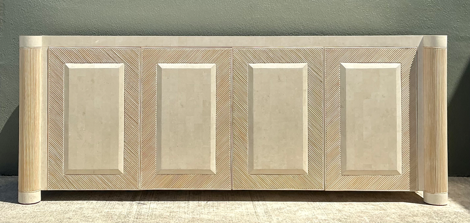 Vintage Washed Pencil Reed Credenza With Travertine Top - Back view