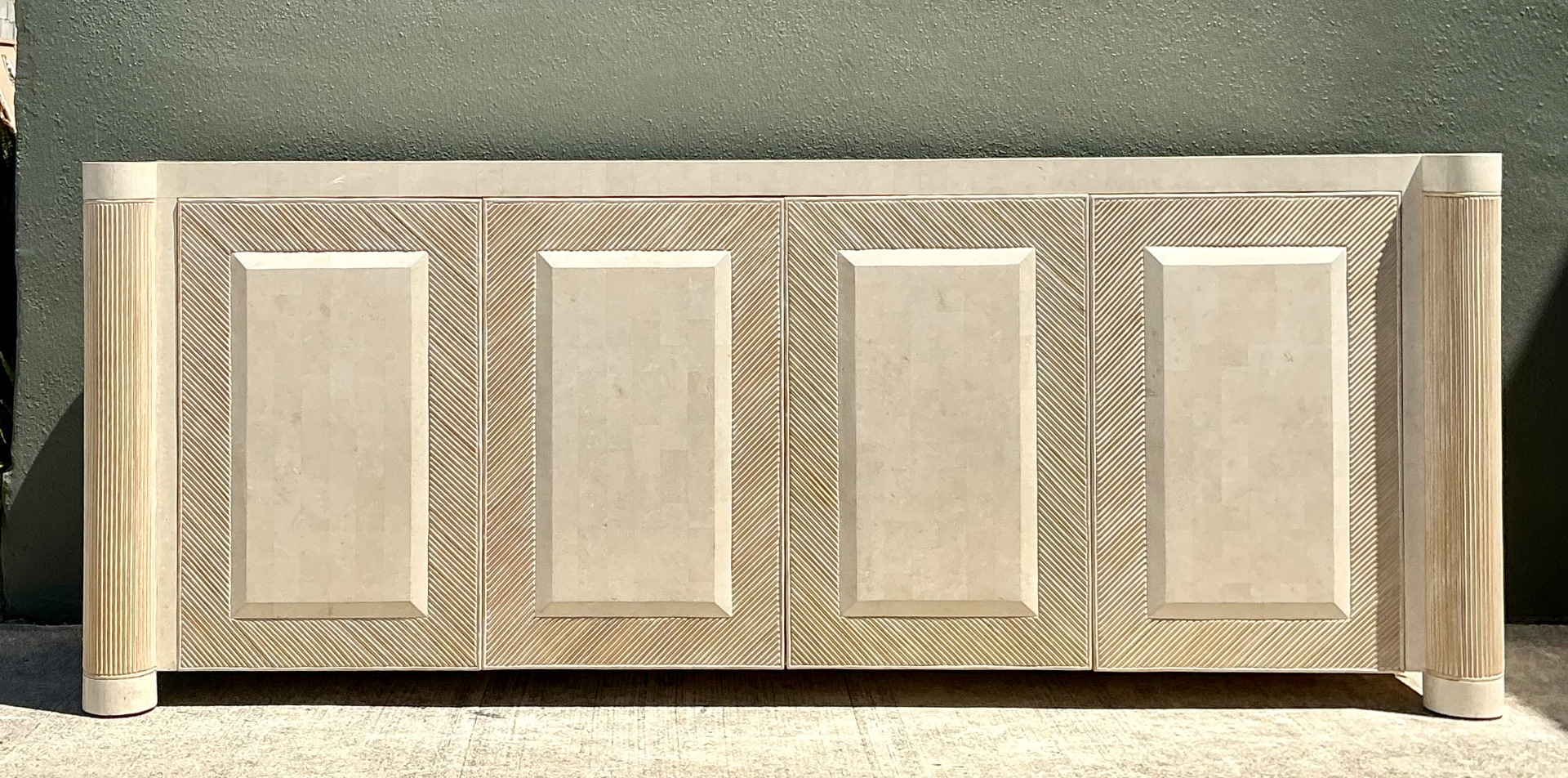 Vintage Washed Pencil Reed Credenza With Travertine Top - Detail view