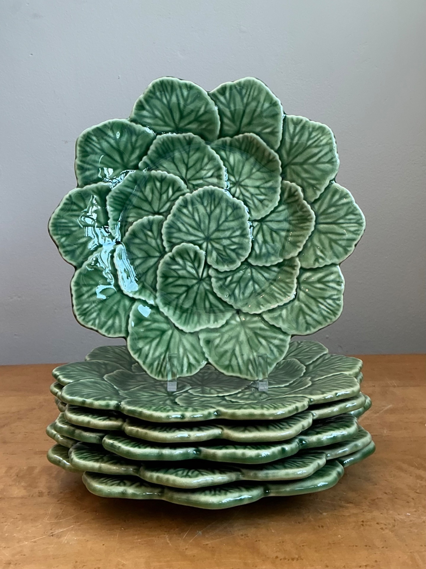 Vintage Bordallo Pinheiro Green Cabbage Leaf Plates - Set of 6 - Top view