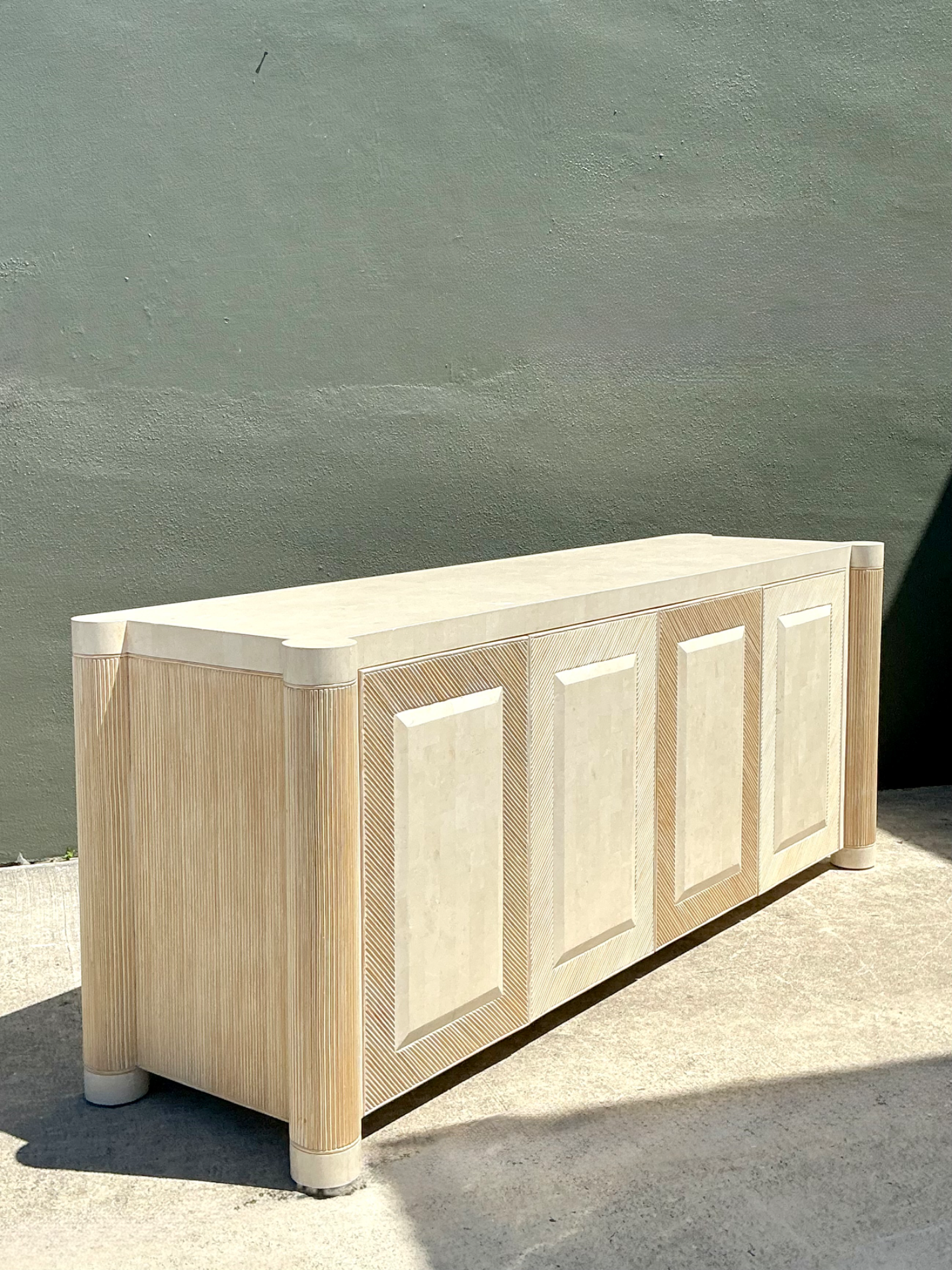 Vintage Washed Pencil Reed Credenza With Travertine Top - Side view