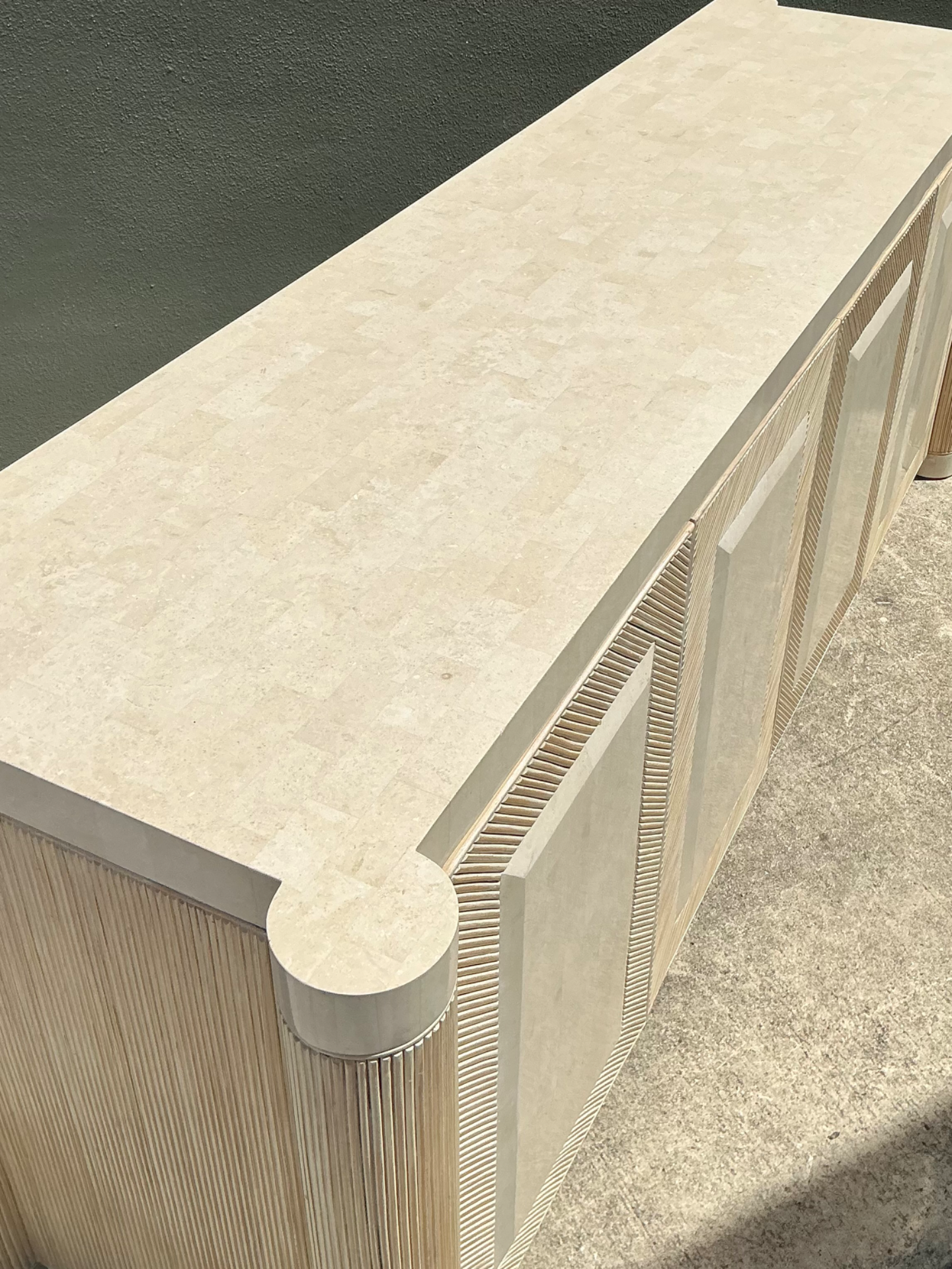 Vintage Washed Pencil Reed Credenza With Travertine Top - Top view