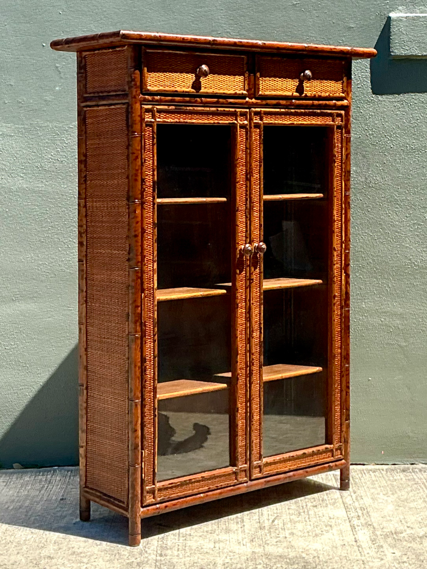 Vintage Tortoise Bamboo and Glass Cabinet - Side view