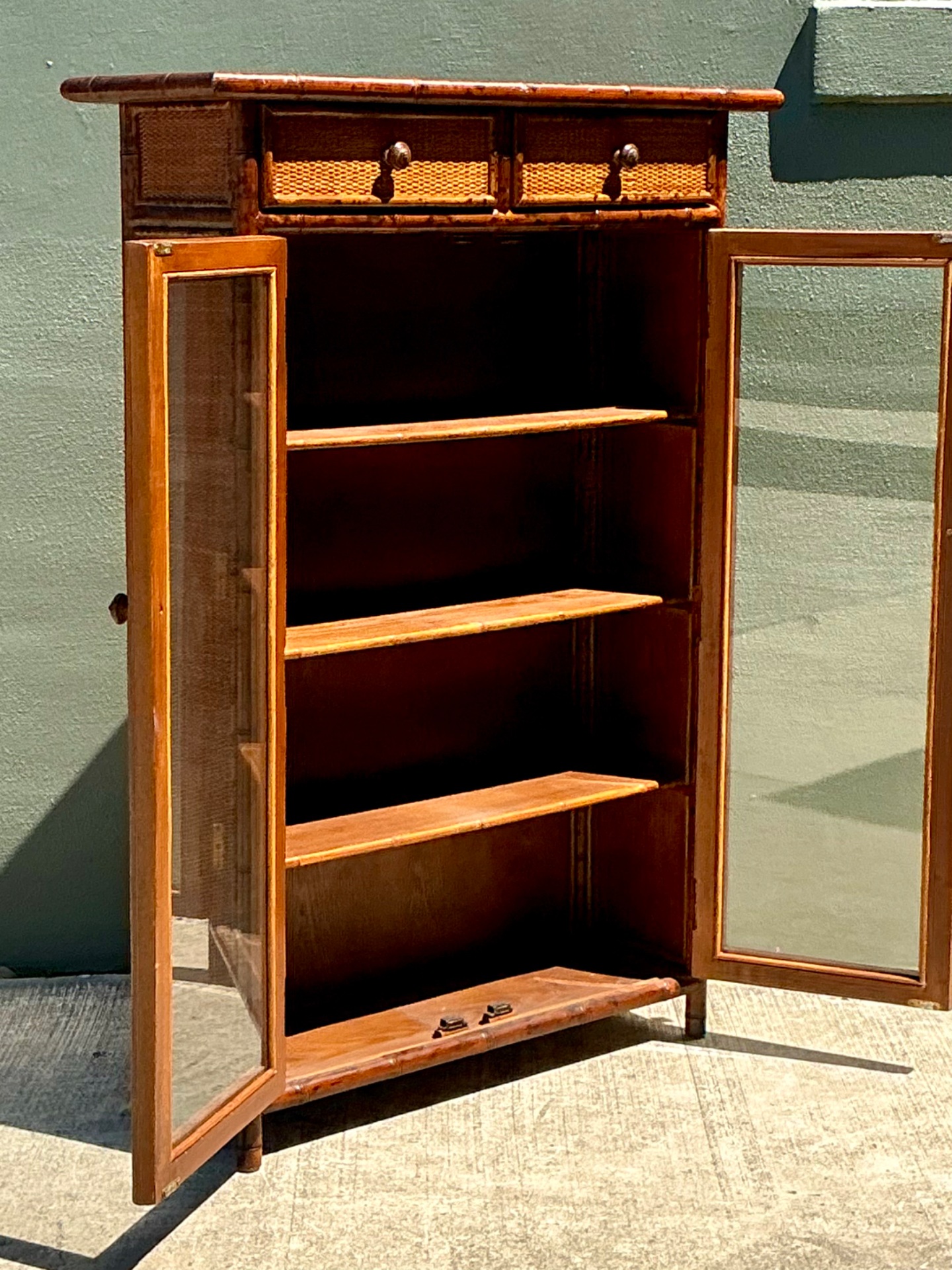 Vintage Tortoise Bamboo and Glass Cabinet - Detail view