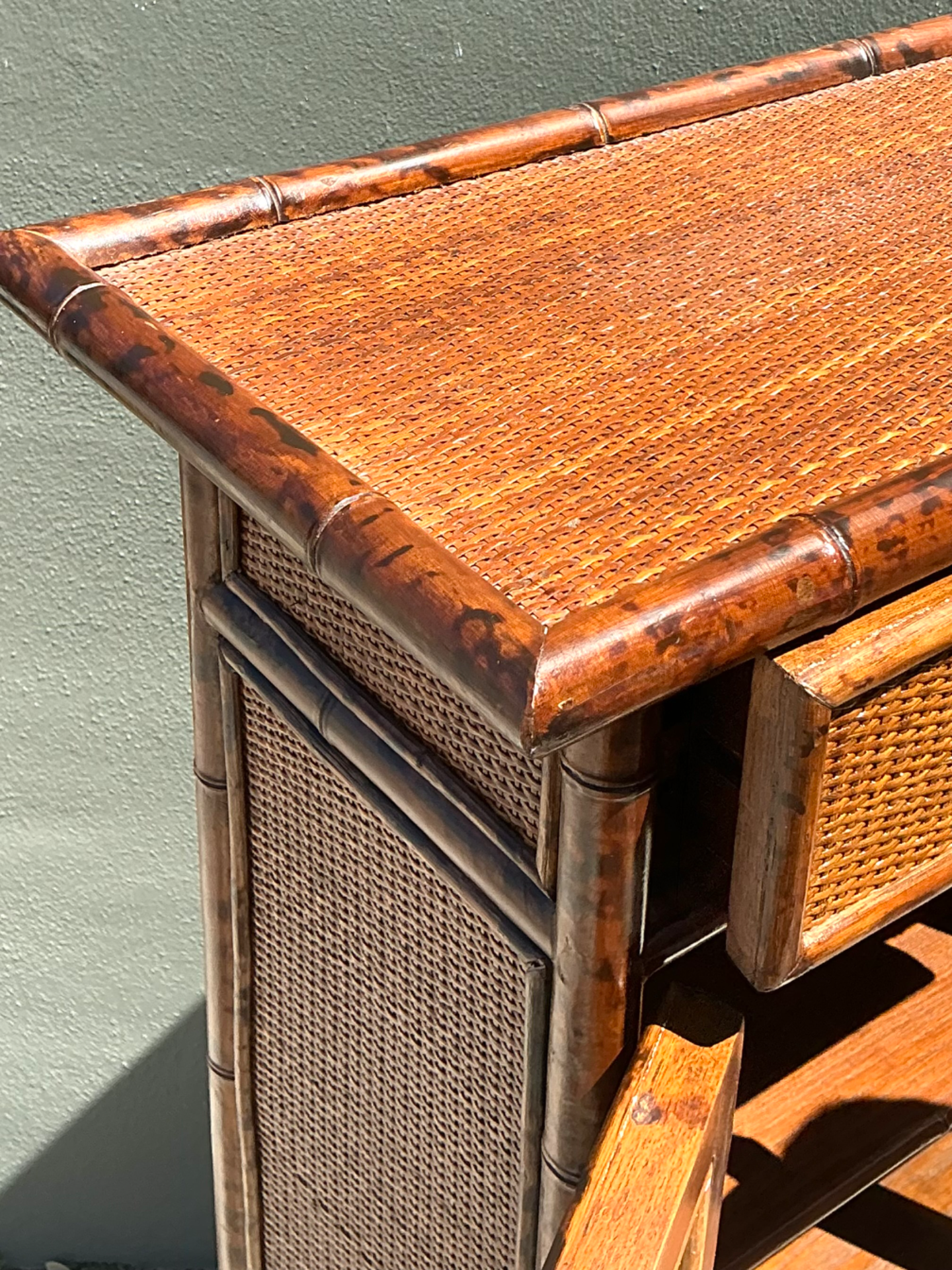 Vintage Tortoise Bamboo and Glass Cabinet - Back view