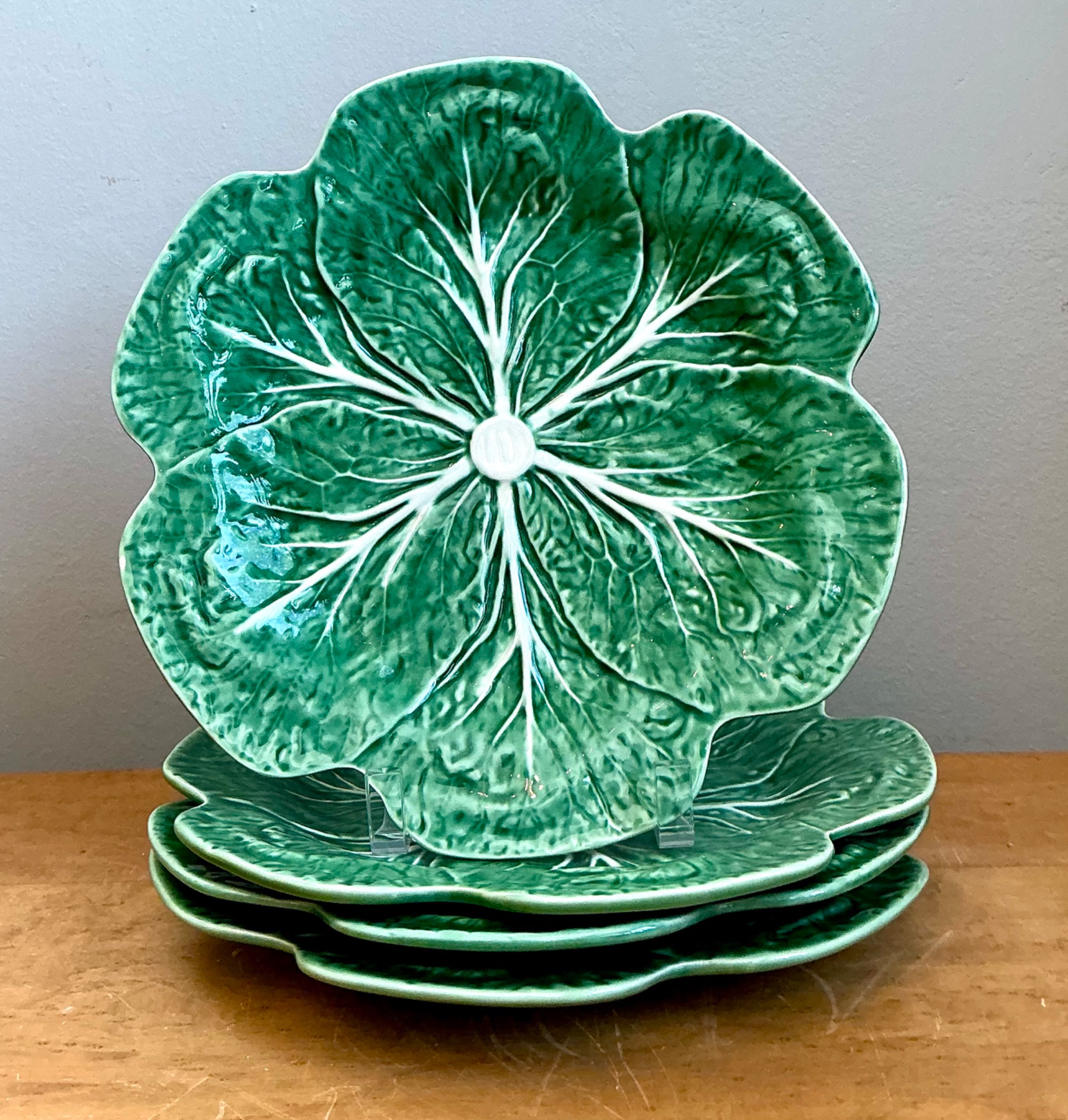 Vintage Bordallo Pinheiro Green Cabbage Leaf Plates - Set of 4 - Top view