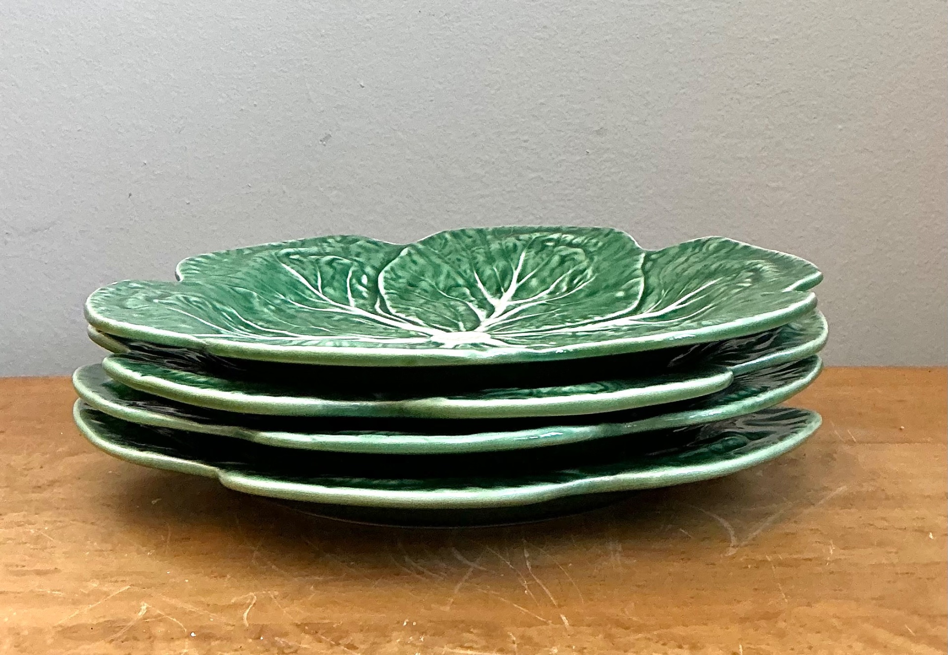 Vintage Bordallo Pinheiro Green Cabbage Leaf Plates - Set of 4 - Side view