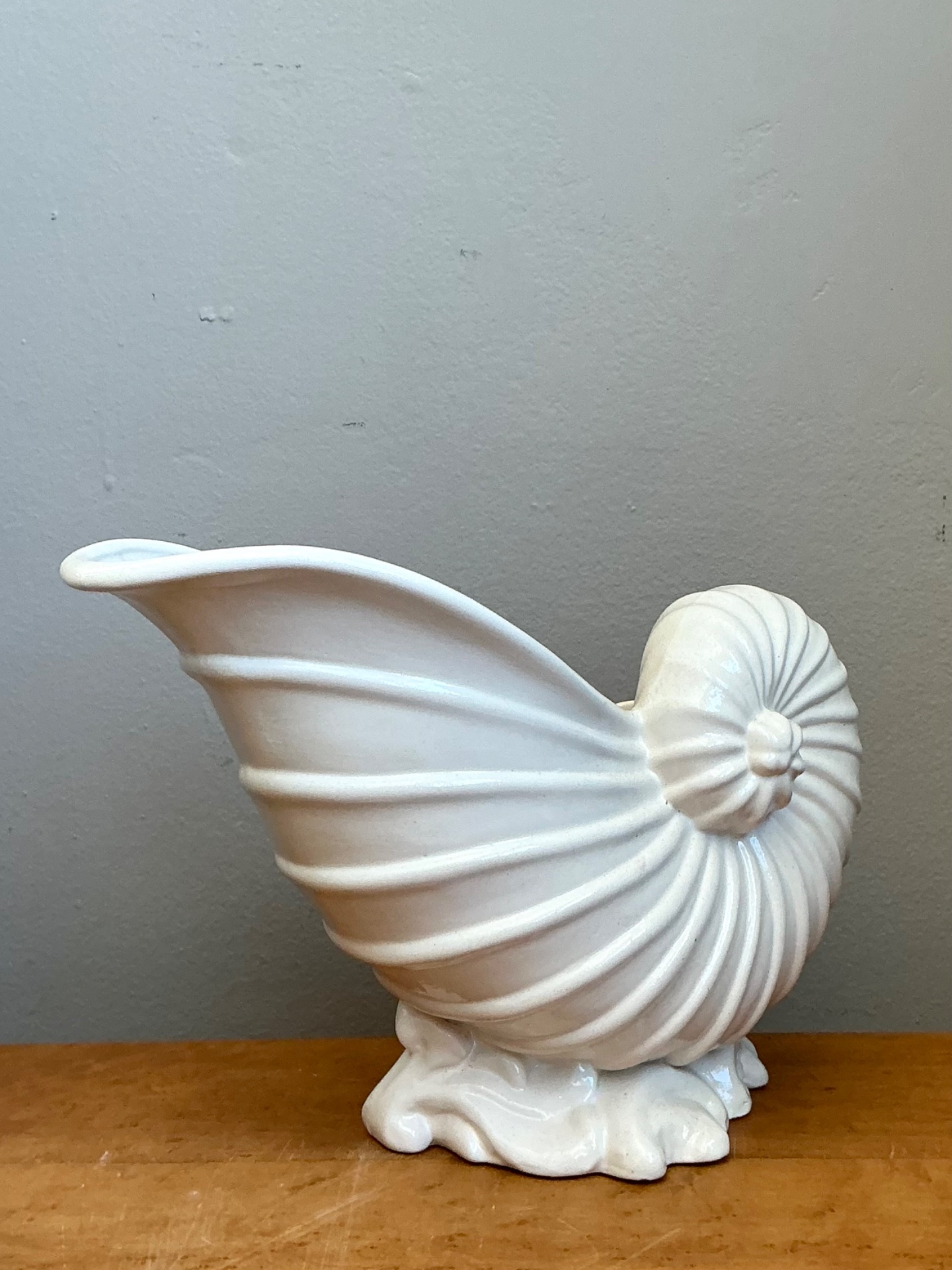 Vintage White Nautilus Form Ceramic Vase - Back view