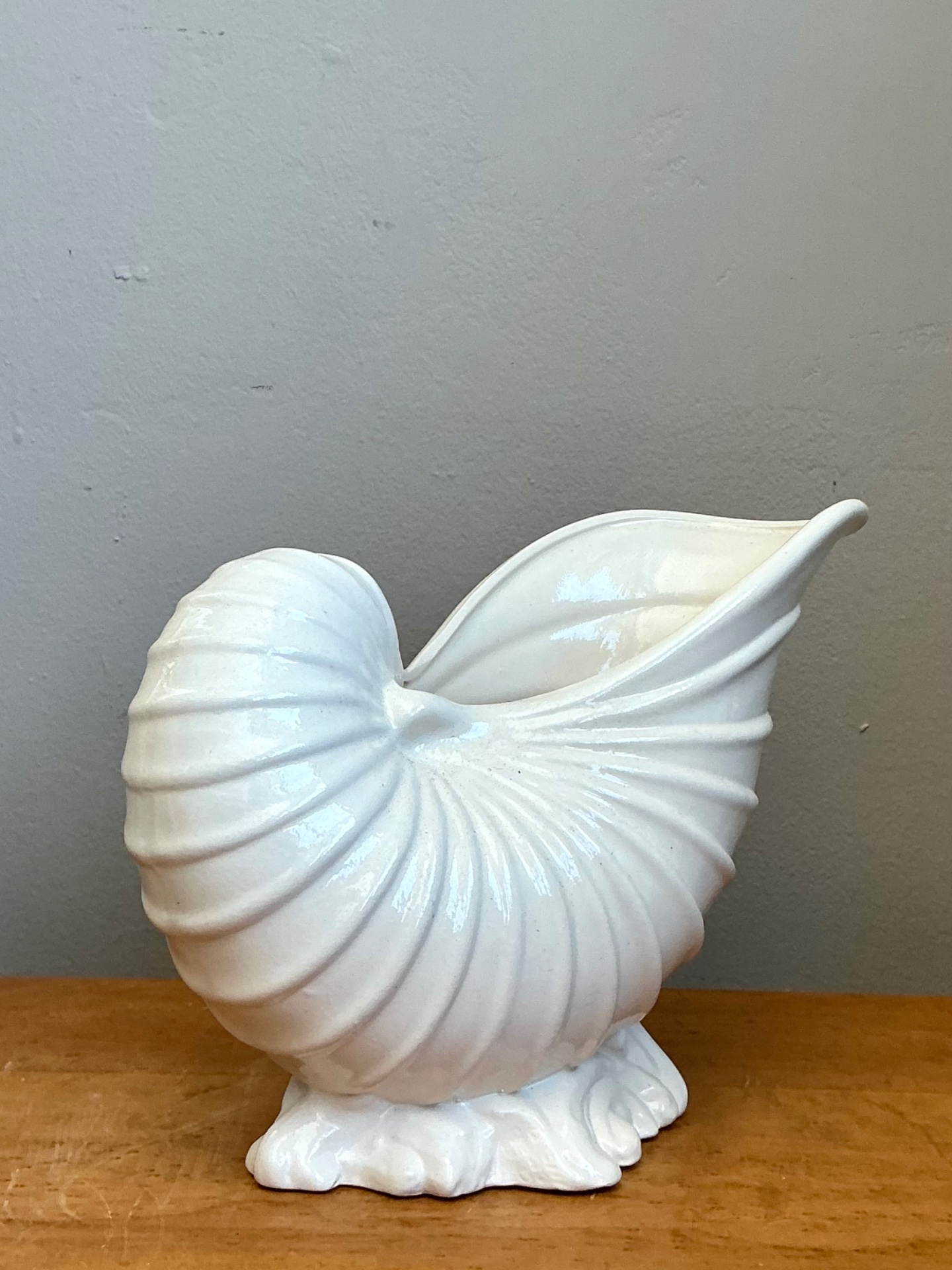 Vintage White Nautilus Form Ceramic Vase - Side view