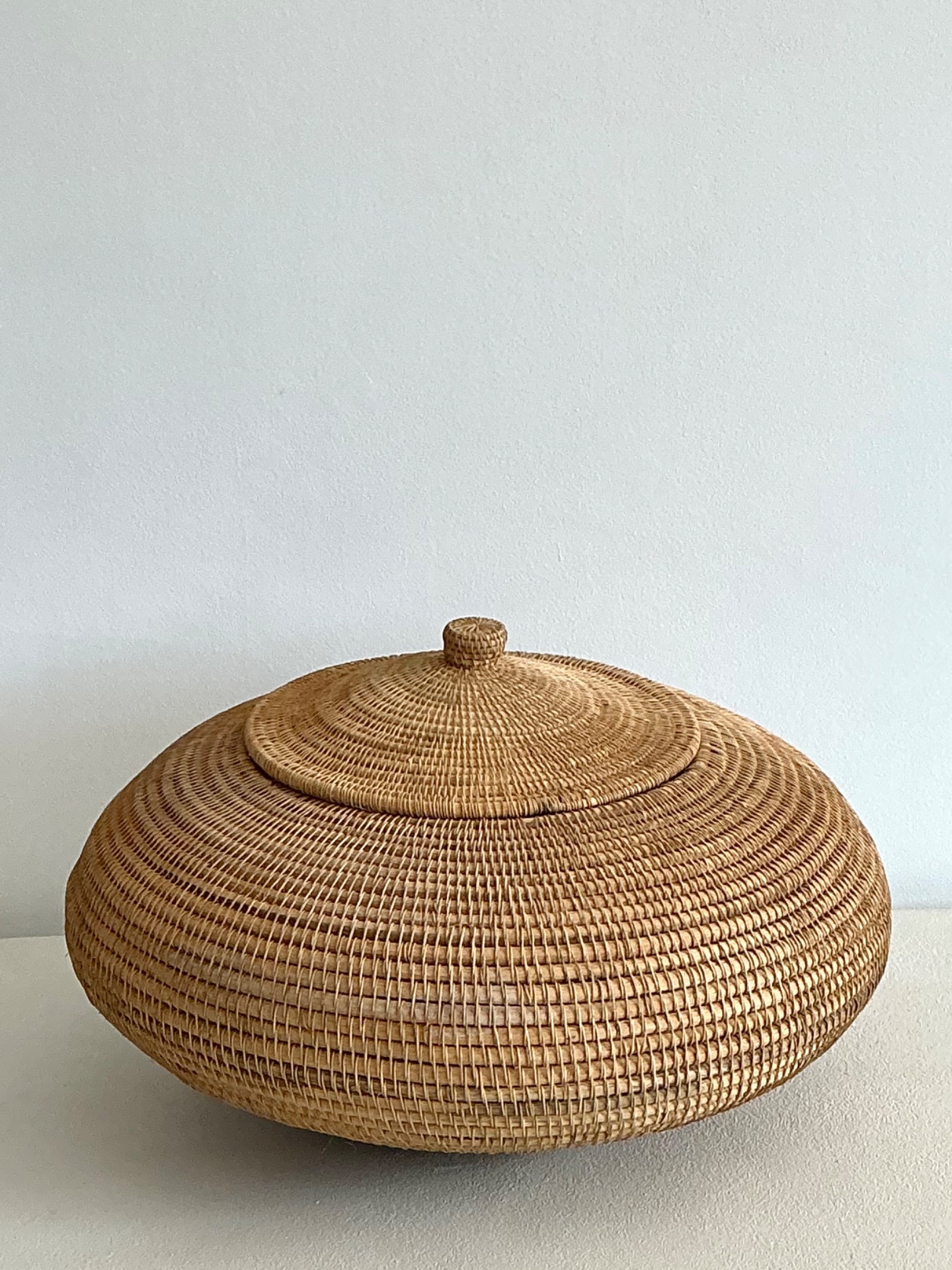 Vintage Woven Natural Fiber Lidded Basket - Side view