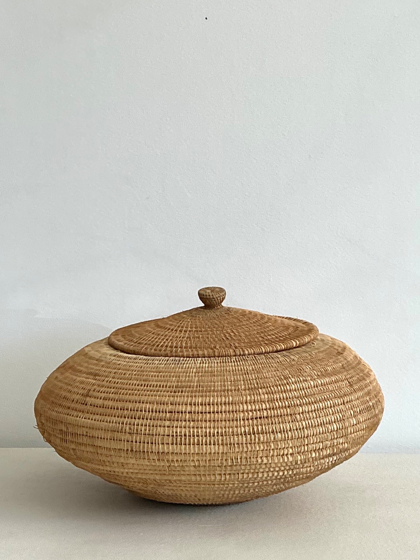 Vintage Woven Natural Fiber Lidded Basket - Wicker, 30W x 14.5H - Top view